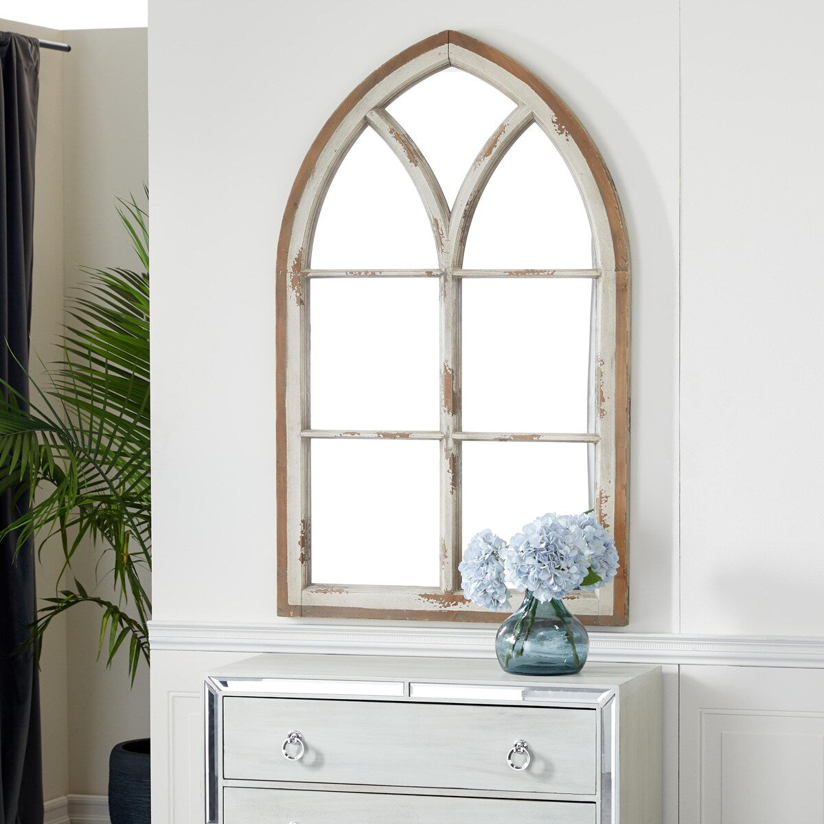 Wood Window Pane Inspired Room Wall Mirror with Arched Top and Distressing - White - Roche River Decor