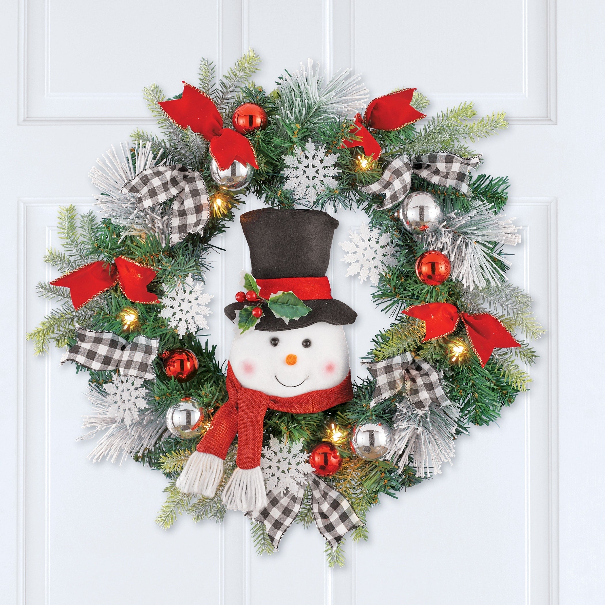 LED Lighted Winter Snowman Wreath with Black/White Buffalo Check Bows - 20 x 22 x 5