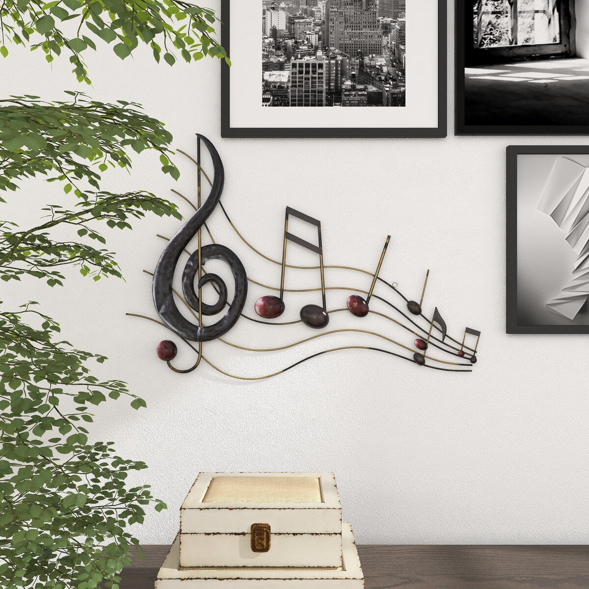 Metal Musical Notes Home Wall Decor with Gold Details - Brown - Roche River Decor