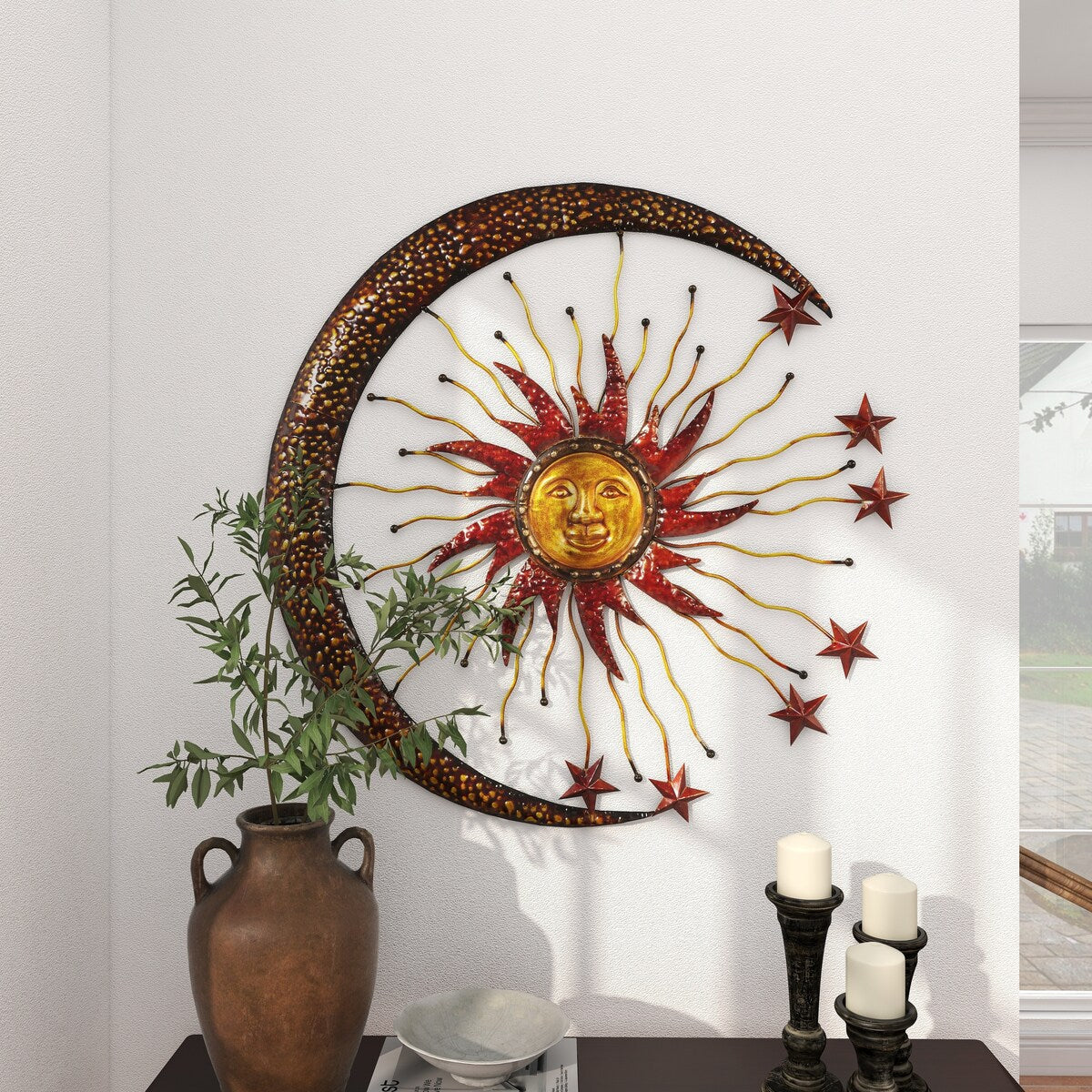 Metal Sun and Moon Indoor Outdoor Home Wall Decor with Stars - Copper - Roche River Decor