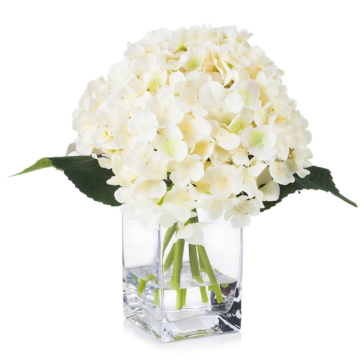 Enova Home Artificial Silk Hydrangea Fake Flowers Arrangement in Clear Glass Vase with Faux Water for Home Office Decoration