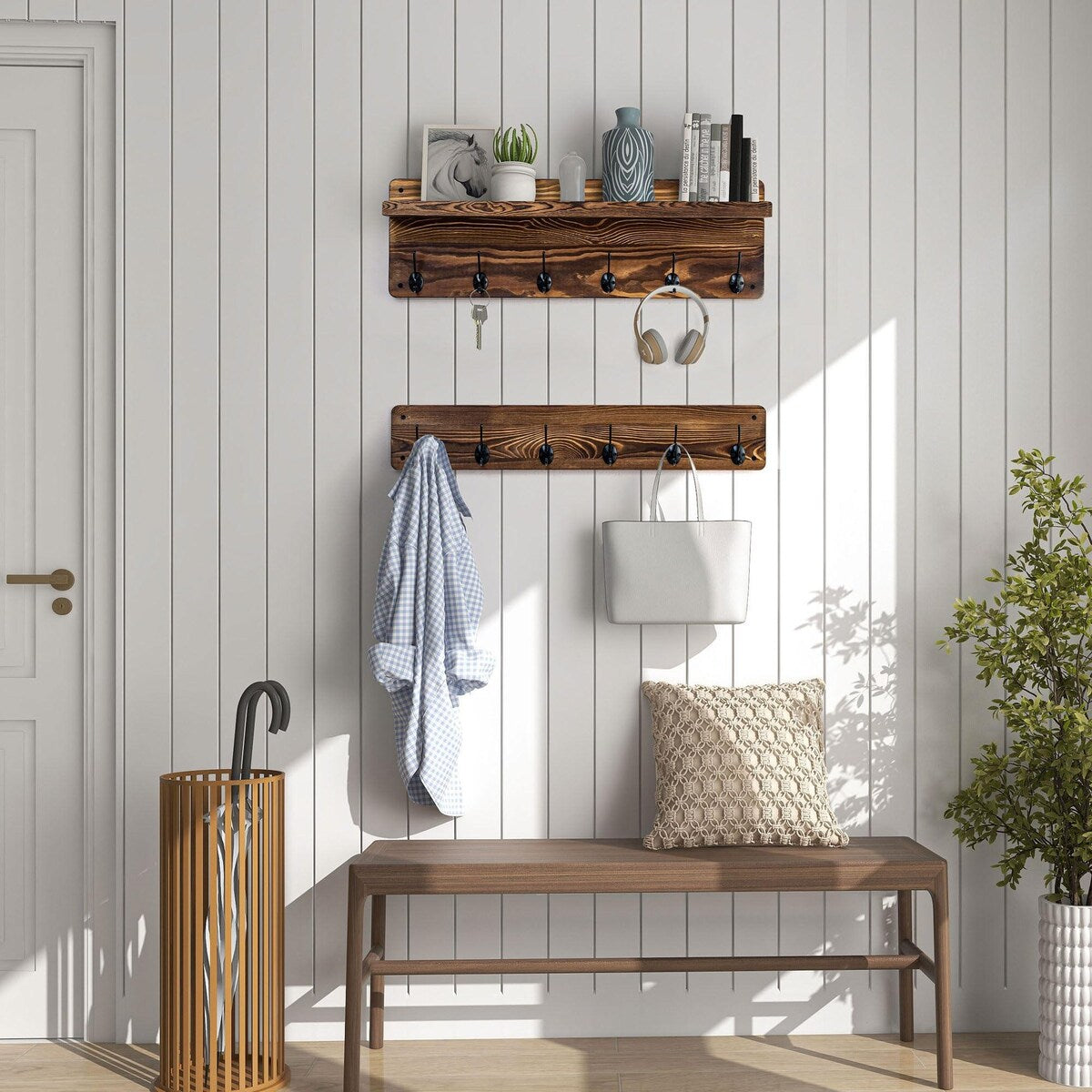 Solid Wood Wall 12 - Hook Coat Rack with Shelf