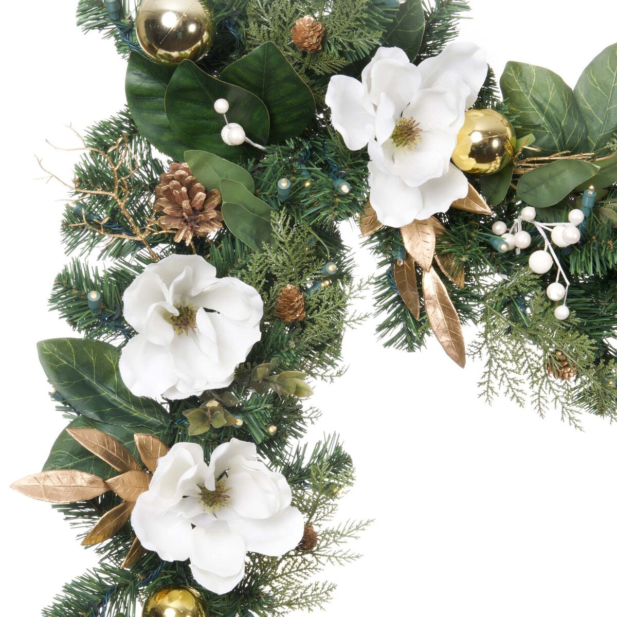 9 ft. Artificial Christmas Garland with Lights - White Gold Magnolia - 9 Foot