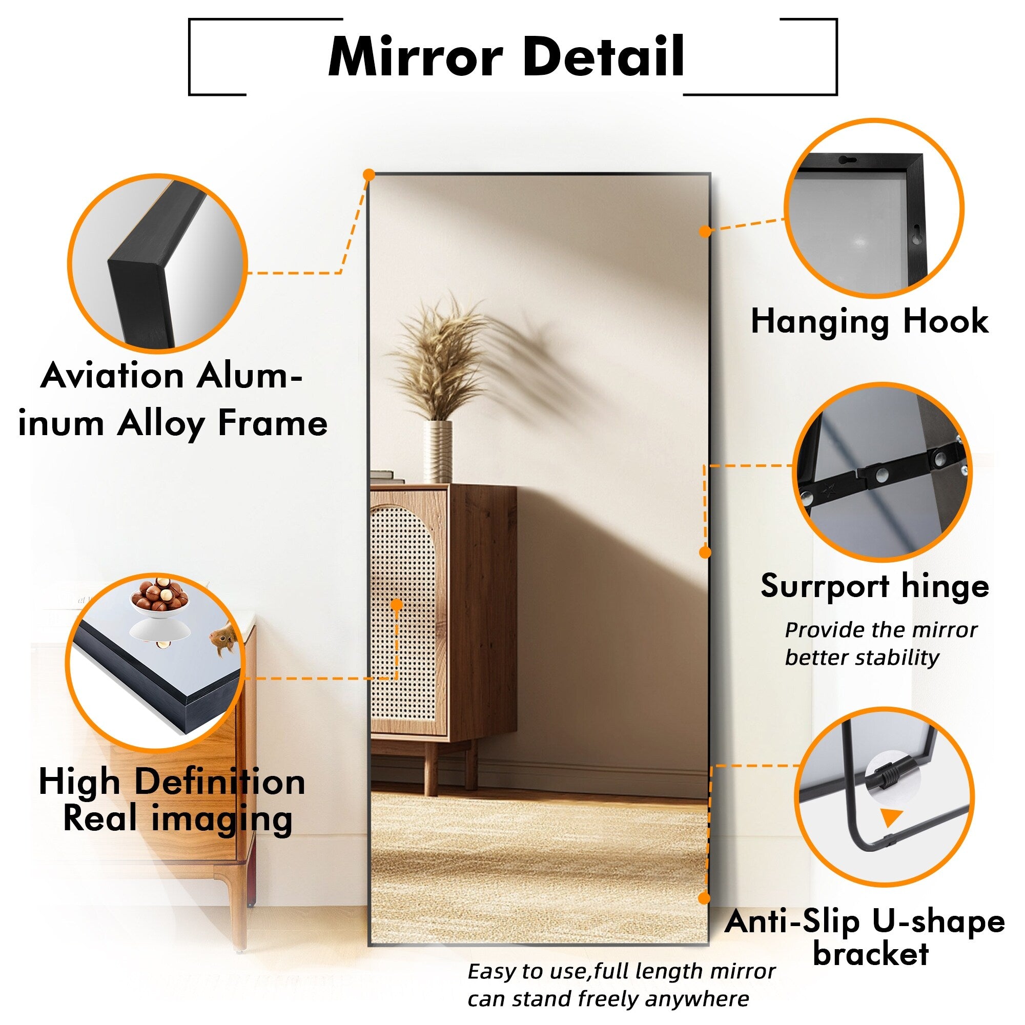 Rectangle Full Length Mirror,Floor Mirror with Stand,Hanging/Leaning