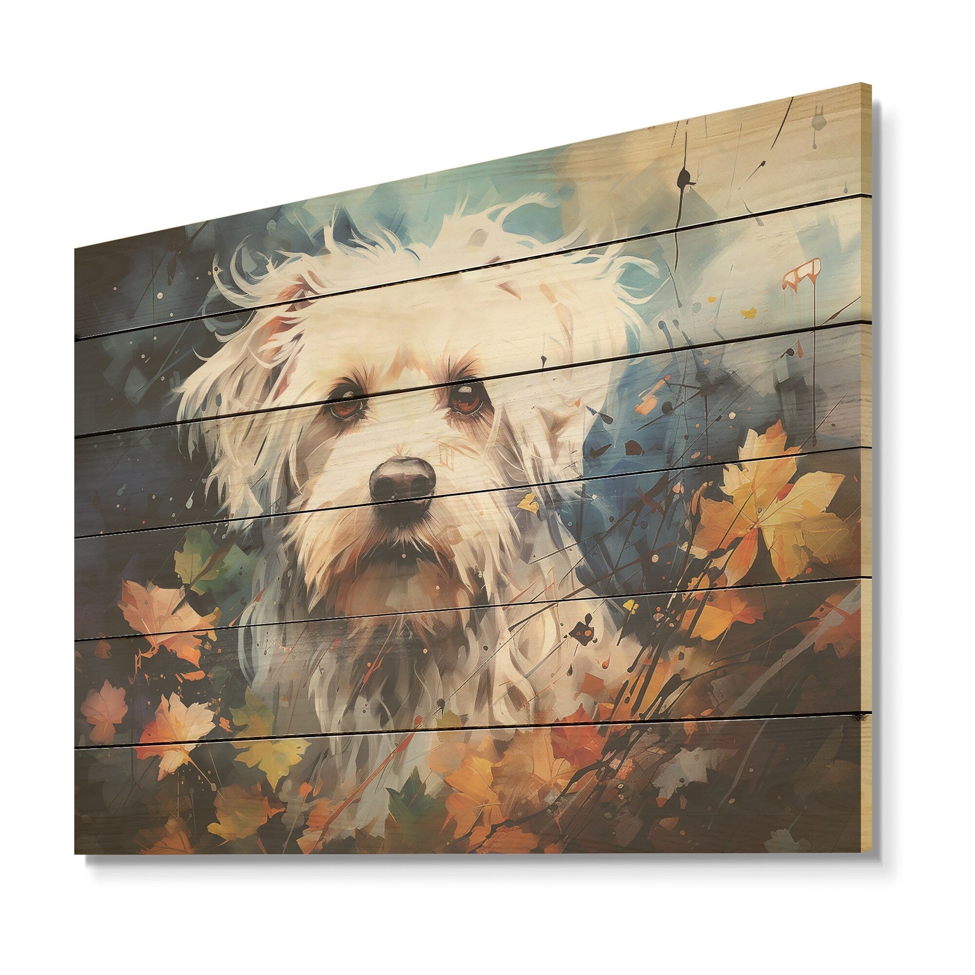 Designart Popart Maltese Magic Dog Wood Wall Decor - Modern White Wood Panel On Natural Pine Wood