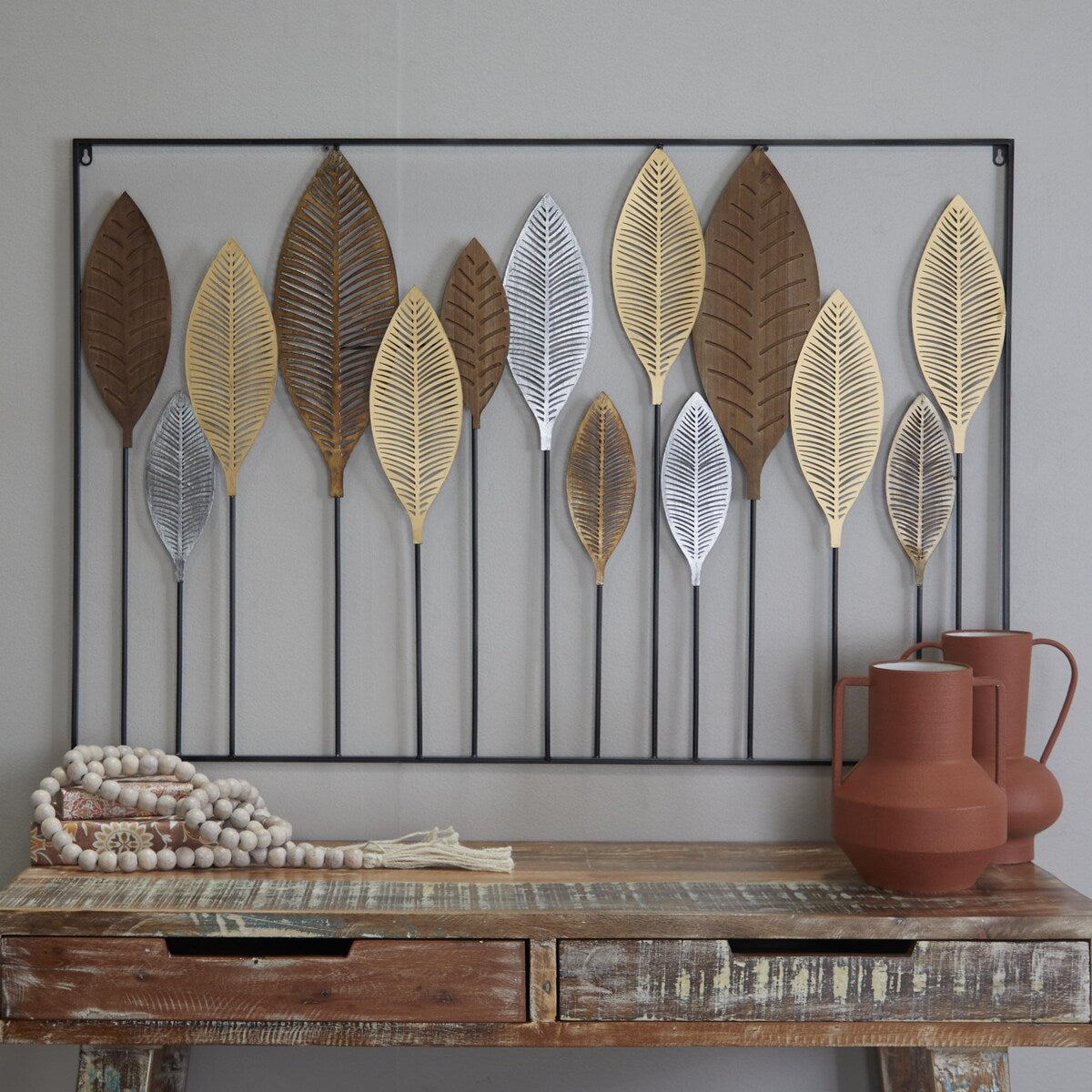 Metal Leaf Tall Cut-Out Home Wall Decor with Intricate Laser Cut Designs - Multi Colored - Roche River Decor