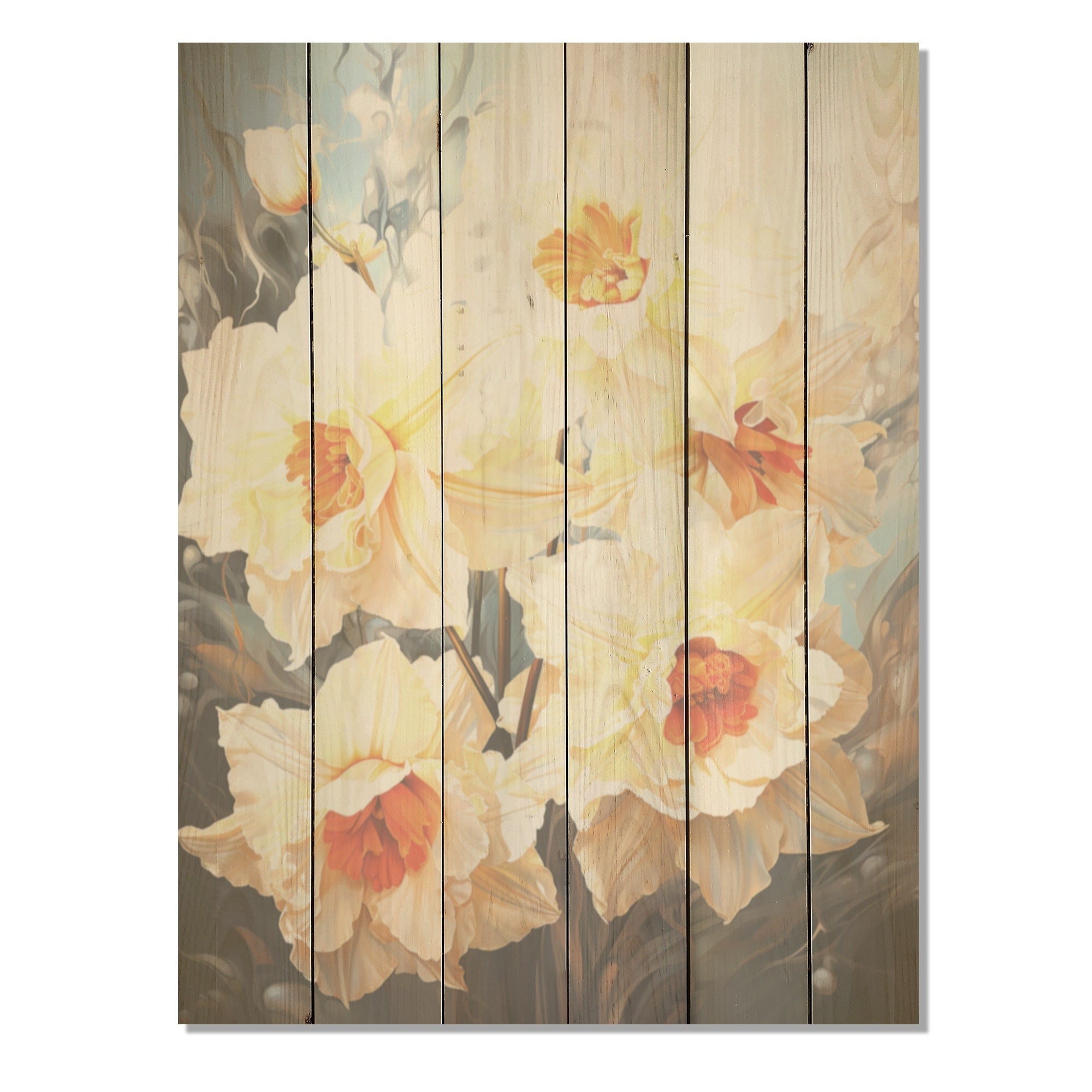 Designart Orange And White Bouquet Of Daffodils Daffodils Wood Wall Decor - Orange Wood Panel On Natural Pine Wood