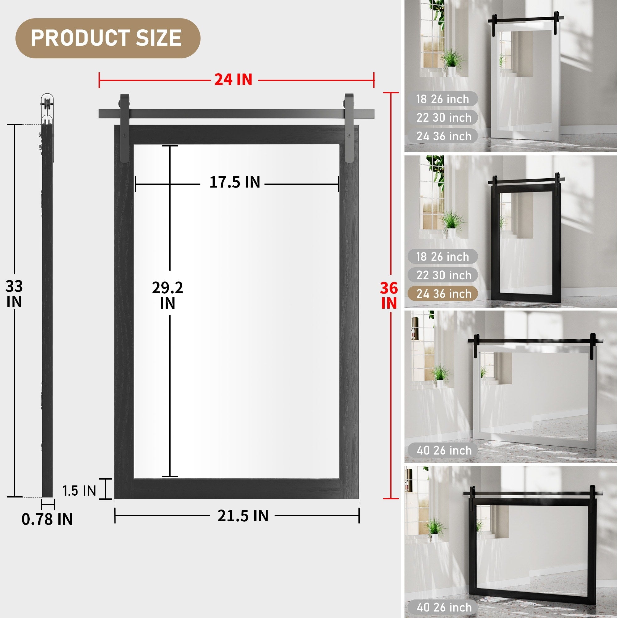 Modern Wall Mirrors, Rectangular Mirror with Wood Framed, Bathroom Mirror Barn Mirror Barn Door Mirror with Multi Size