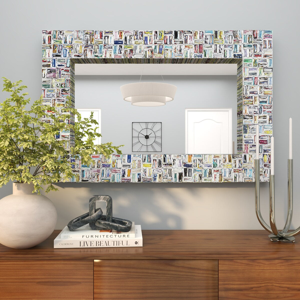 Paper Handmade Recycled Magazine Frame Room Wall Mirror - Multi Colored - Roche River Decor