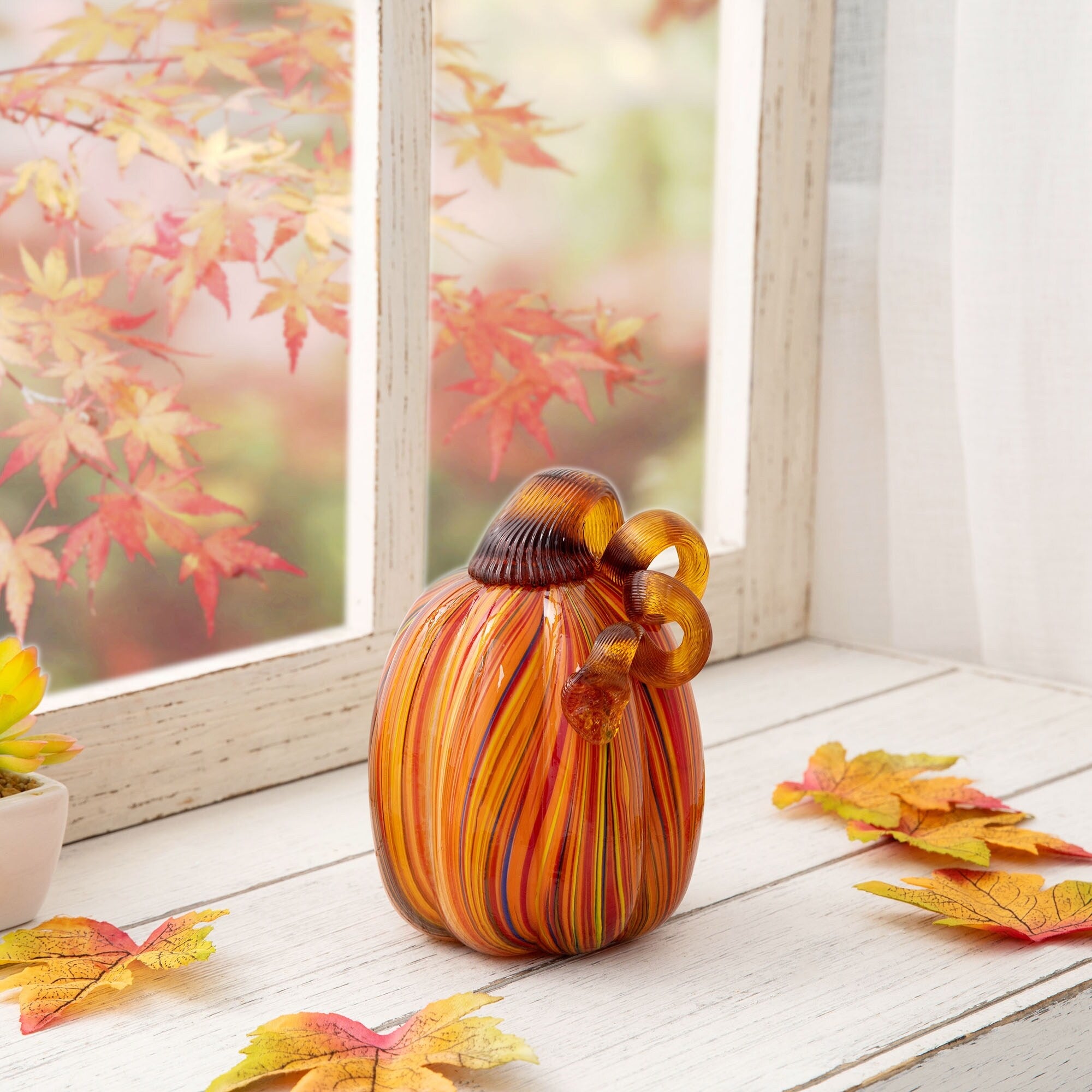 Glitzhome Handblown Multi Striped Fall Harvest Glass Pumpkins Thanksgiving Gift