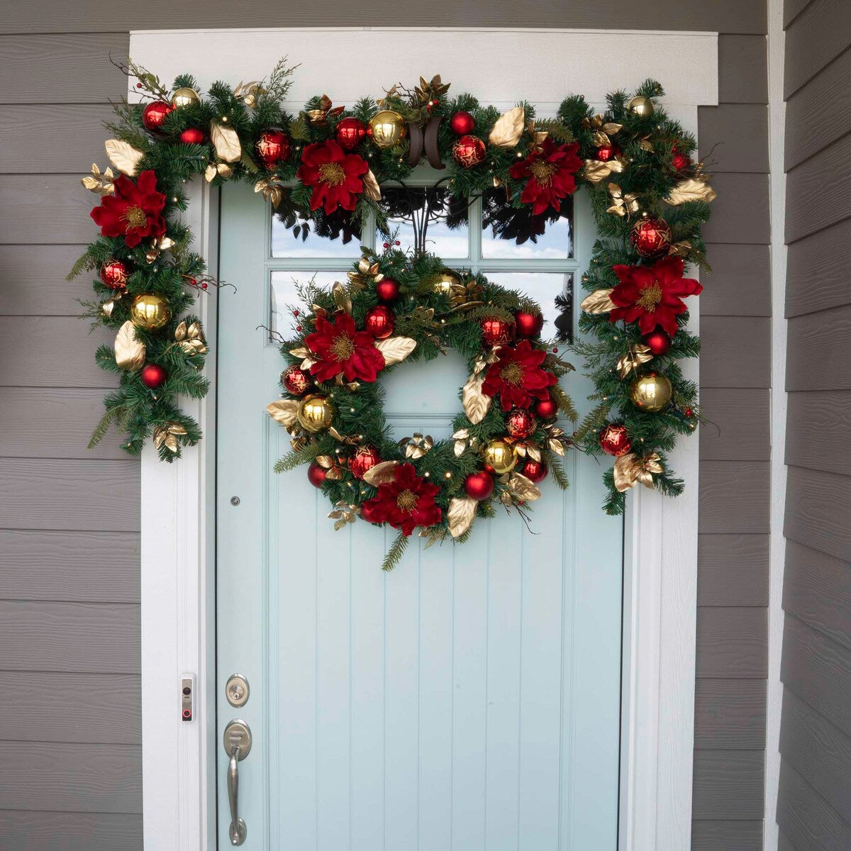 9 ft. Artificial Christmas Garland with Lights - Golden Leaf Red Magnolia - 9 Foot