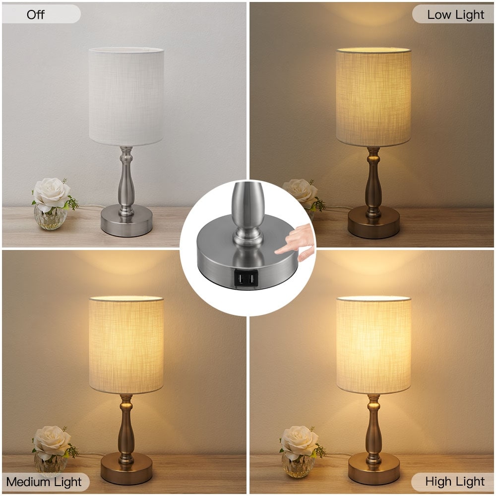 3-Way Dimmable Touch Control Small Table Lamp with 2 USB Port, Brushed Steel