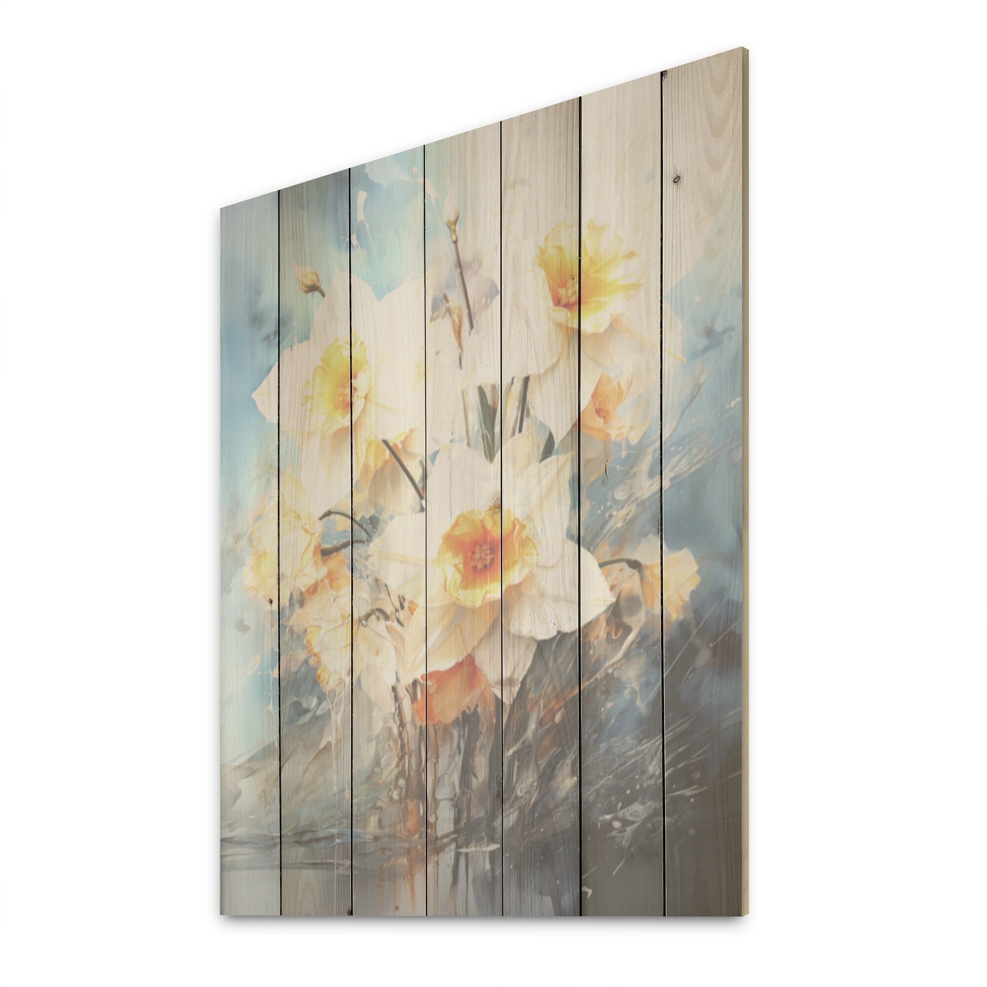 Designart Soft Neutrals Gray White Daffodils Bloom Daffodils Wood Wall Decor - Grey Wood Panel On Natural Pine Wood