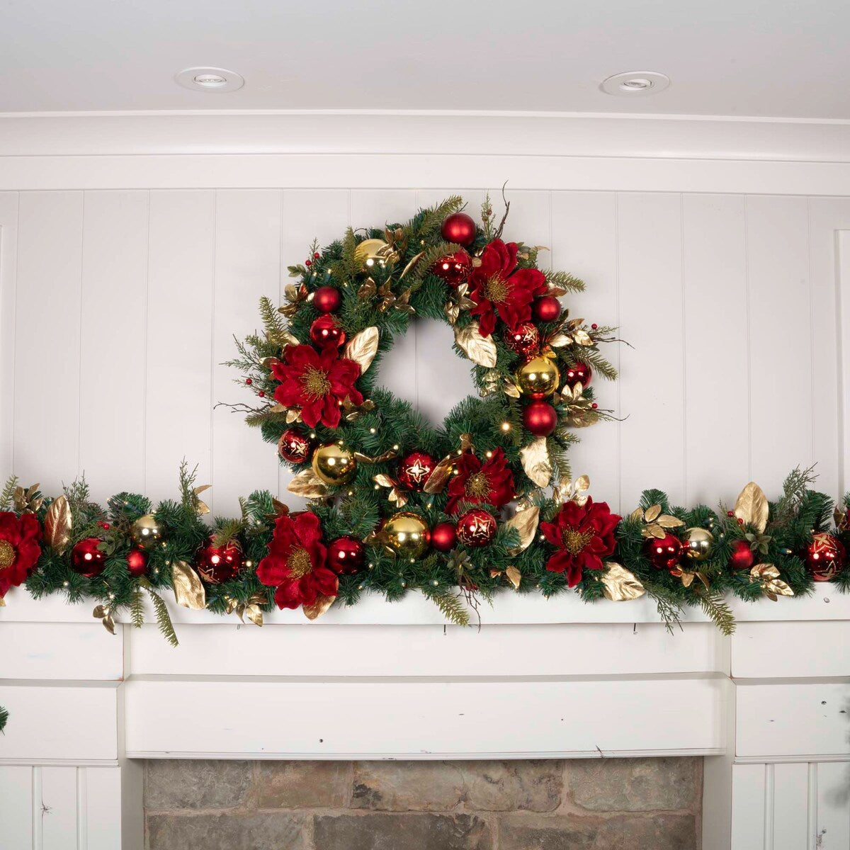 9 ft. Artificial Christmas Garland with Lights - Golden Leaf Red Magnolia - 9 Foot