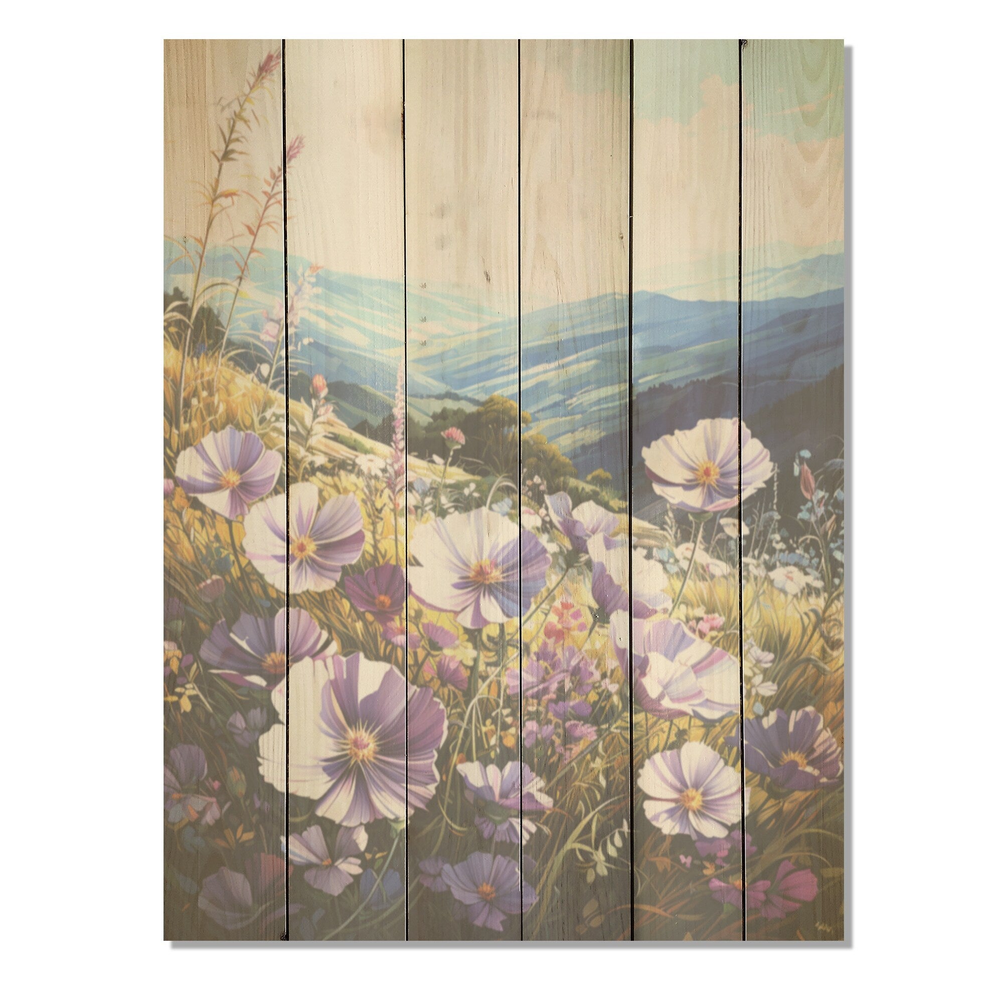 Designart Purple Flowers Morning Glory Hill Flowers Wood Wall Decor - Traditional Wood Panel On Natural Pine Wood