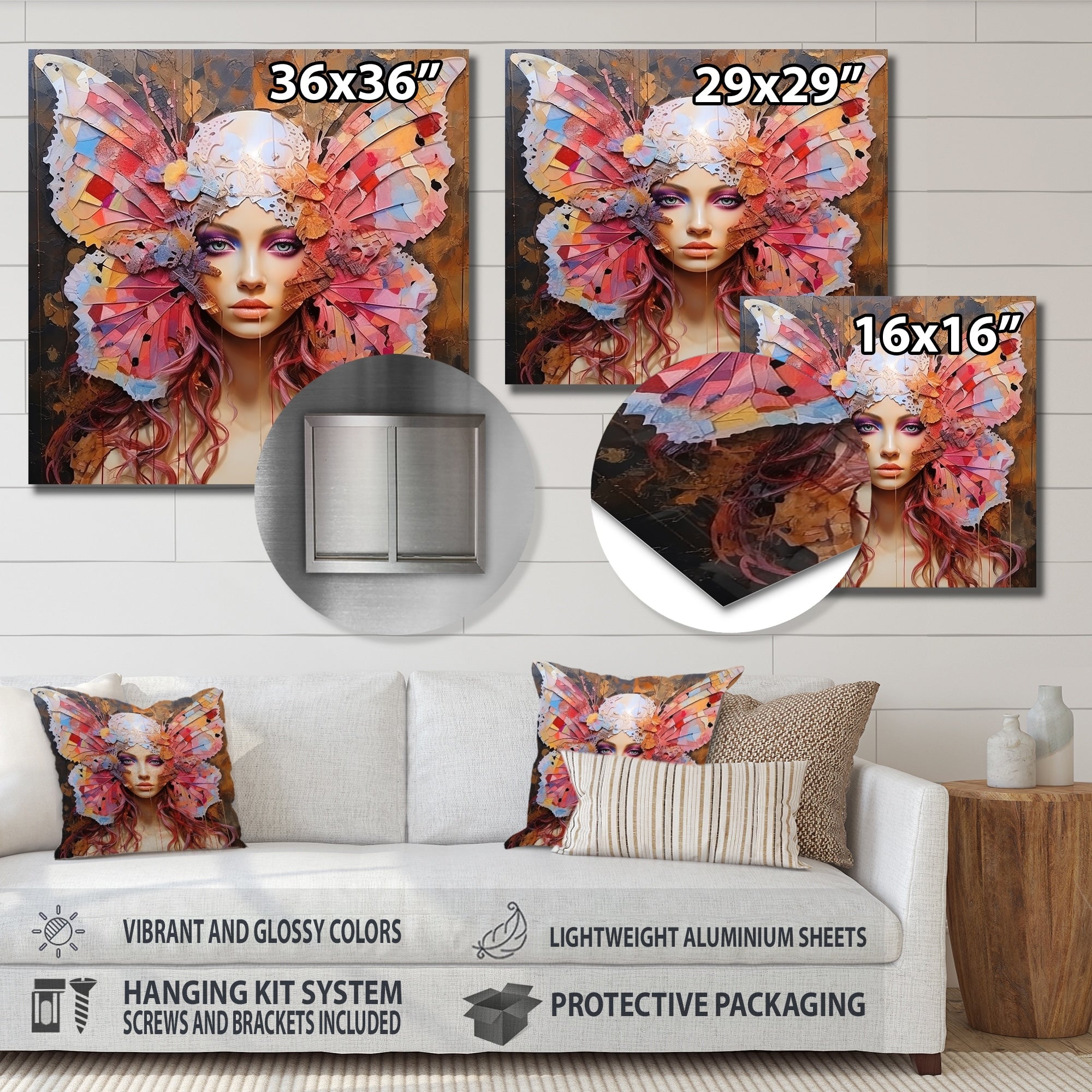 Designart Pink Butterfly Glamour Woman Portrait I Woman Glam Metal Wall Art Pink Metal Wall Décor Glam Metal Art Work