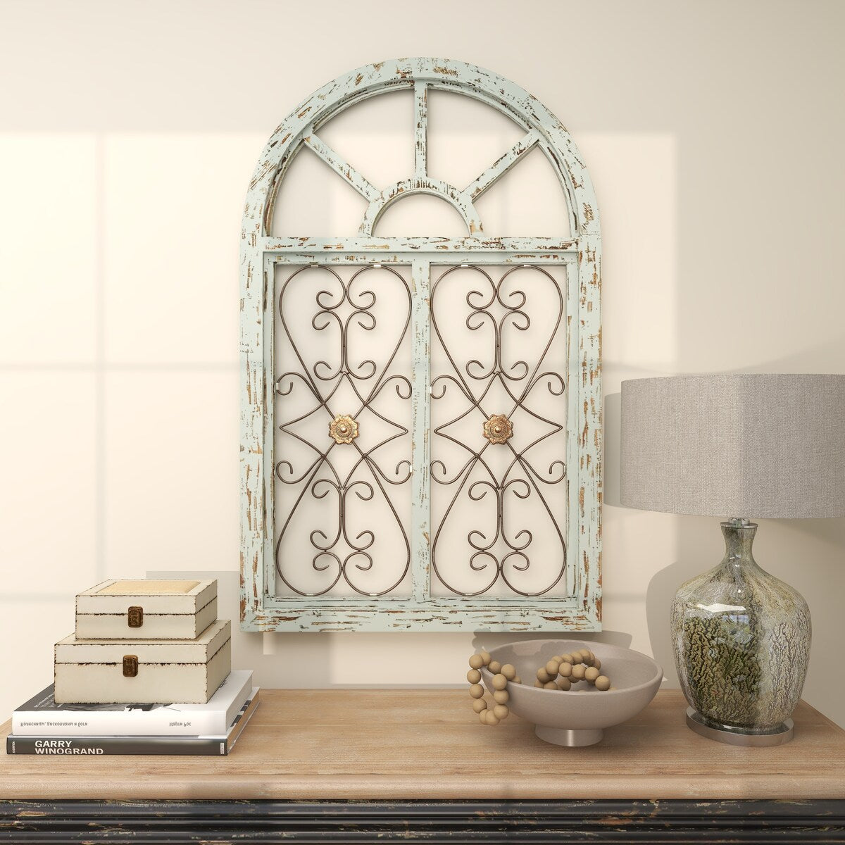 Wood Scroll Arched Window Inspired Home Wall Decor with Metal Scrollwork Relief - Light Blue - Roche River Decor