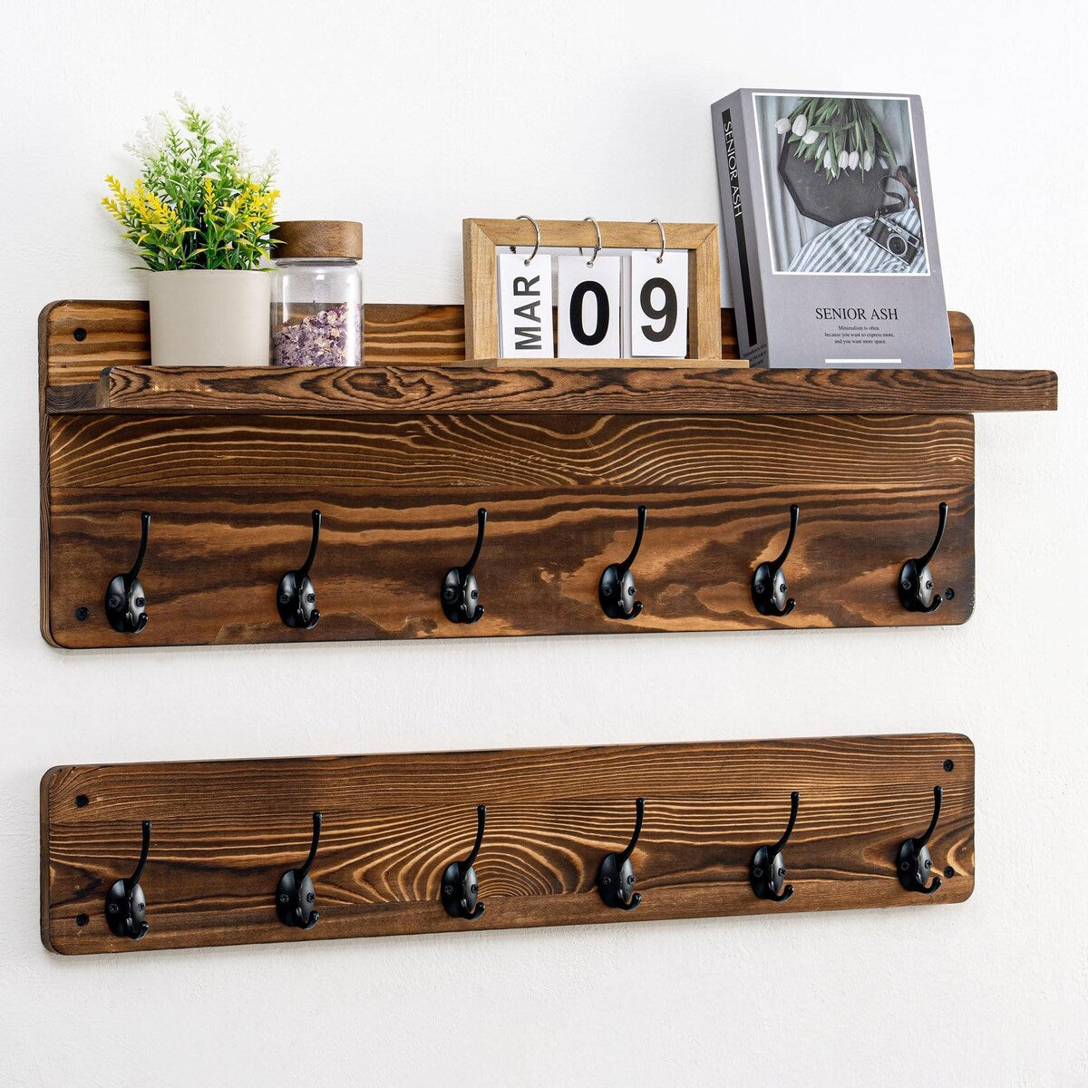 Solid Wood Wall 12 - Hook Coat Rack with Shelf