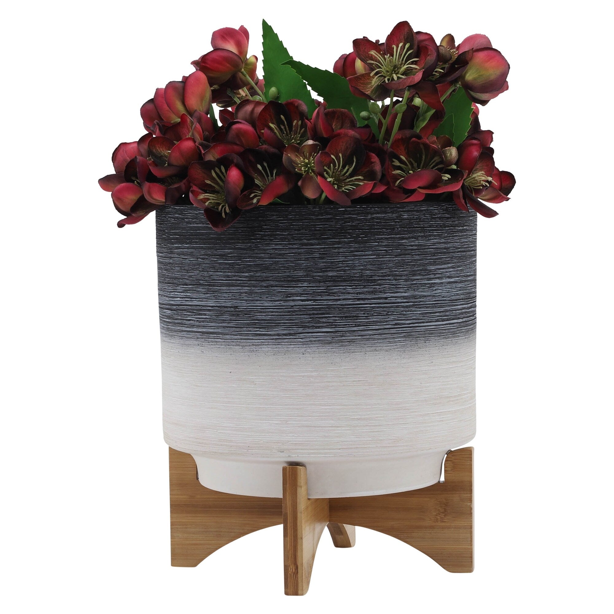 Sagebrook Home Modern Neutral Two Toned Ceramic Planter with Solid Rubberwood Stand