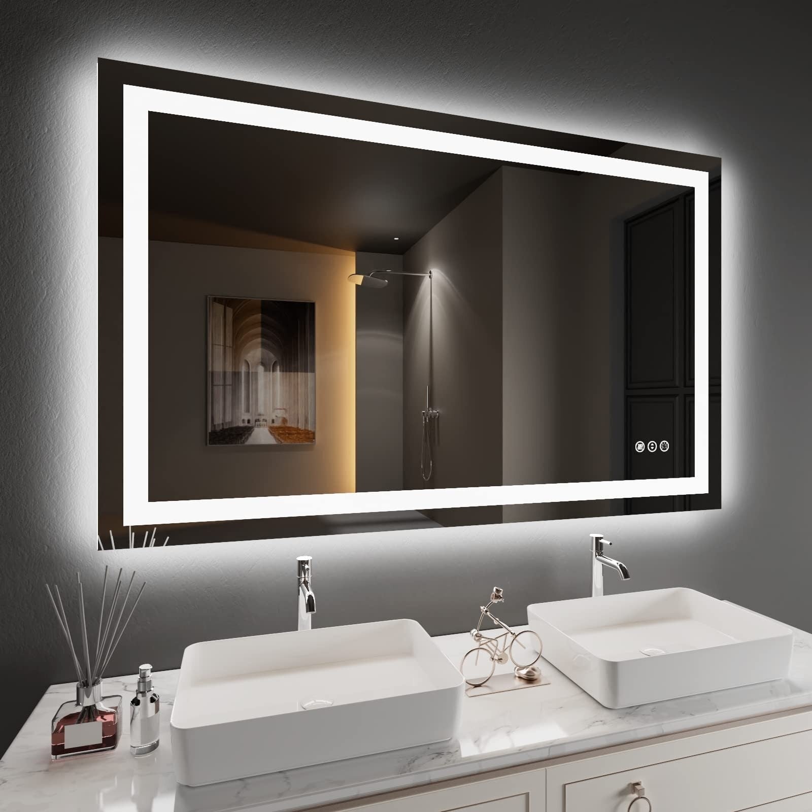 Apmir Full Size Frameless Front and Back LED Lighted Bathroom Vanity Mirror Anti-Fog in Tempered Glass & ETL