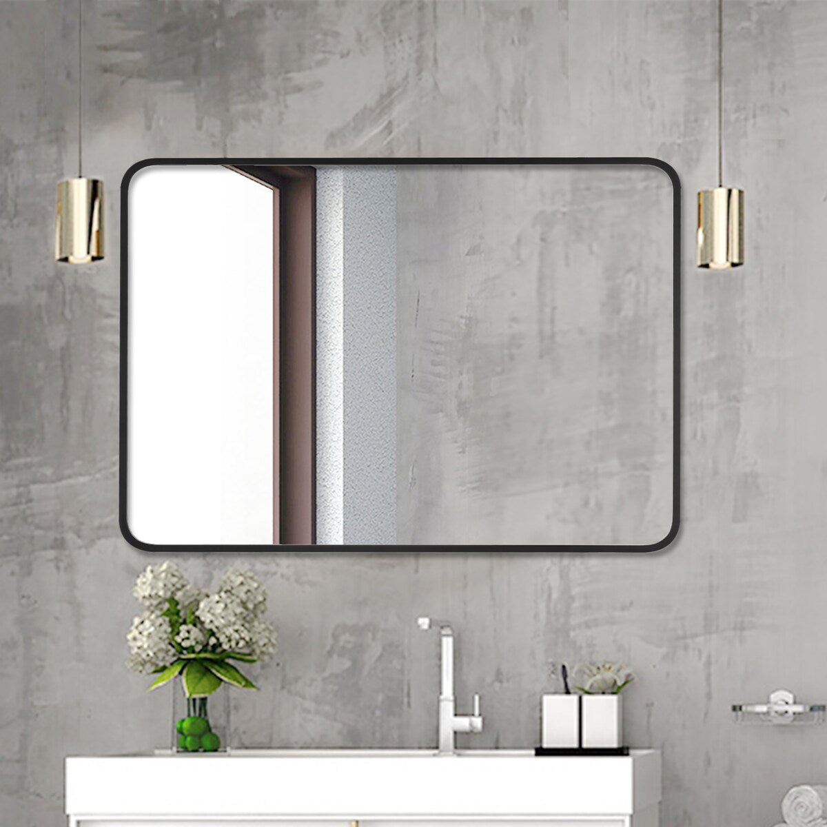 Rounded Rectangular Metal Framed Bathroom Vanity Mirror