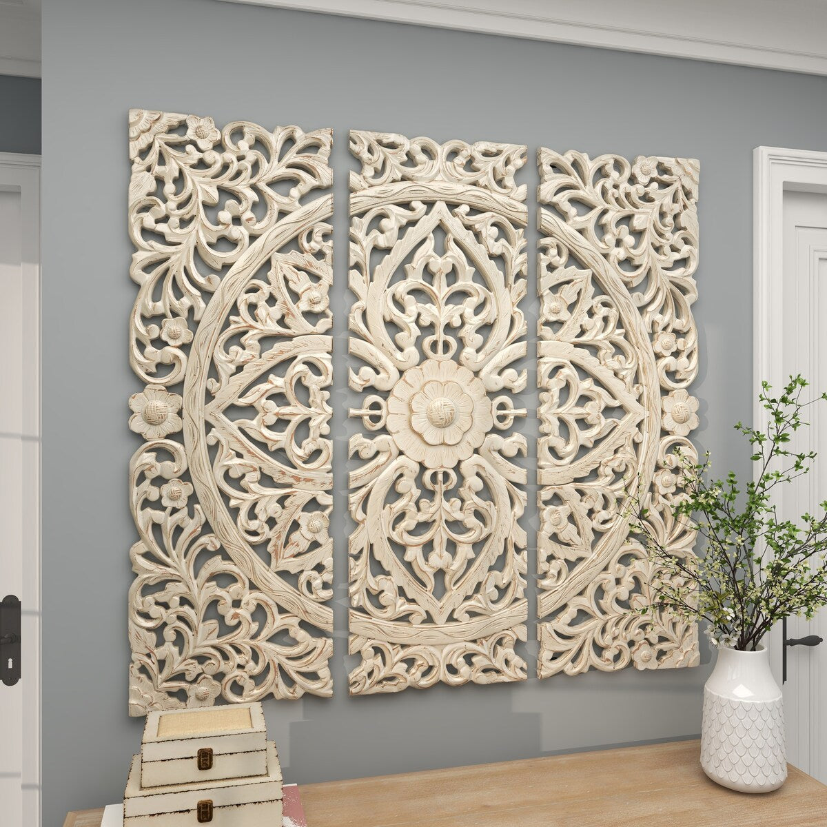 Wooden Floral Handmade Intricately Carved Home Wall Decor with Mandala Design - Set of 3 Beige - Roche River Decor