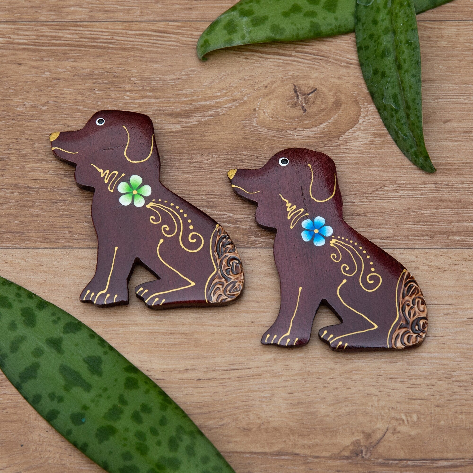 Novica Handmade Paradisial Puppies Wood Magnets (Set Of 2)