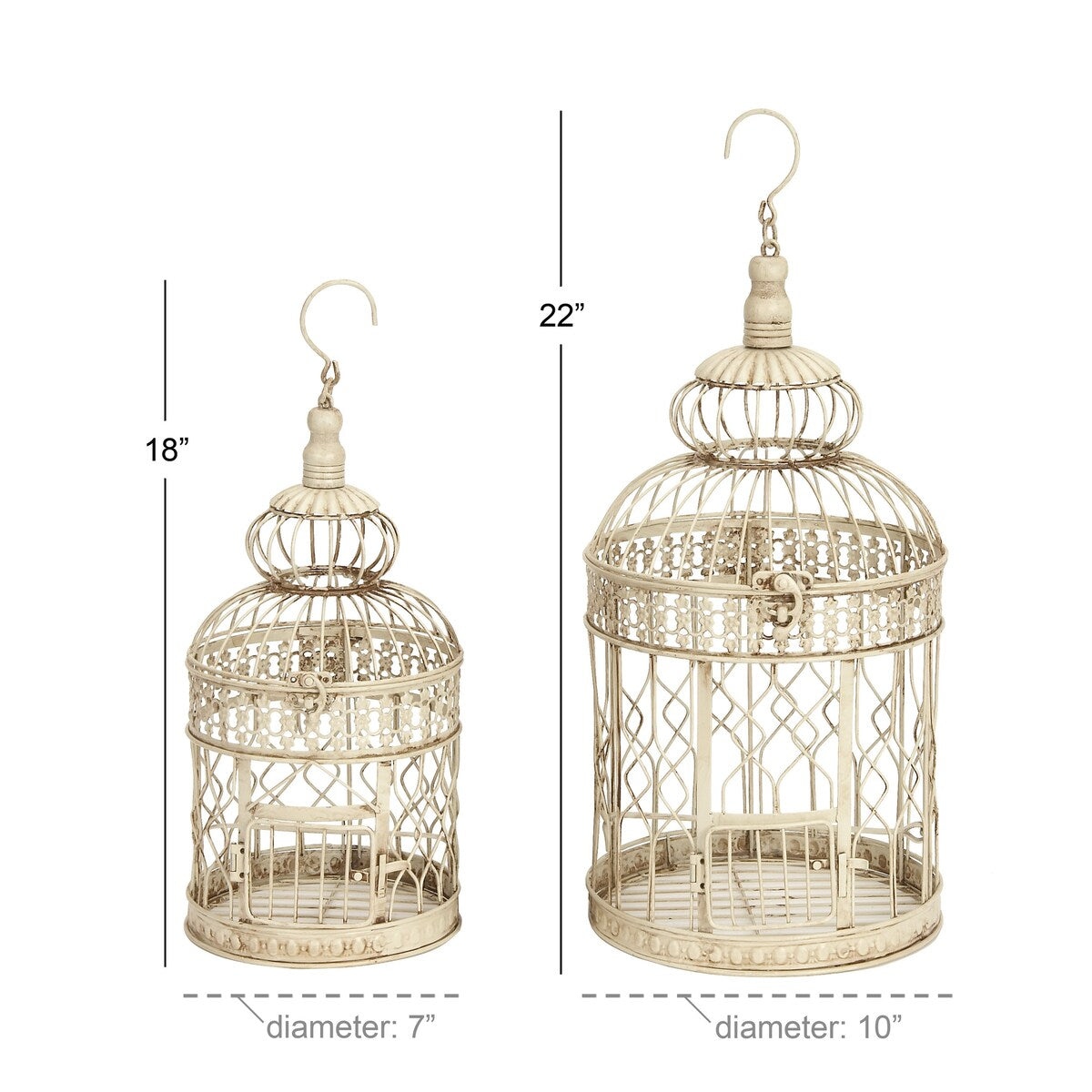 Metal Hinged Top Birdcage with Latch Lock Closure and Hanging Hook - Set of 2 Cream - Roche River Decor