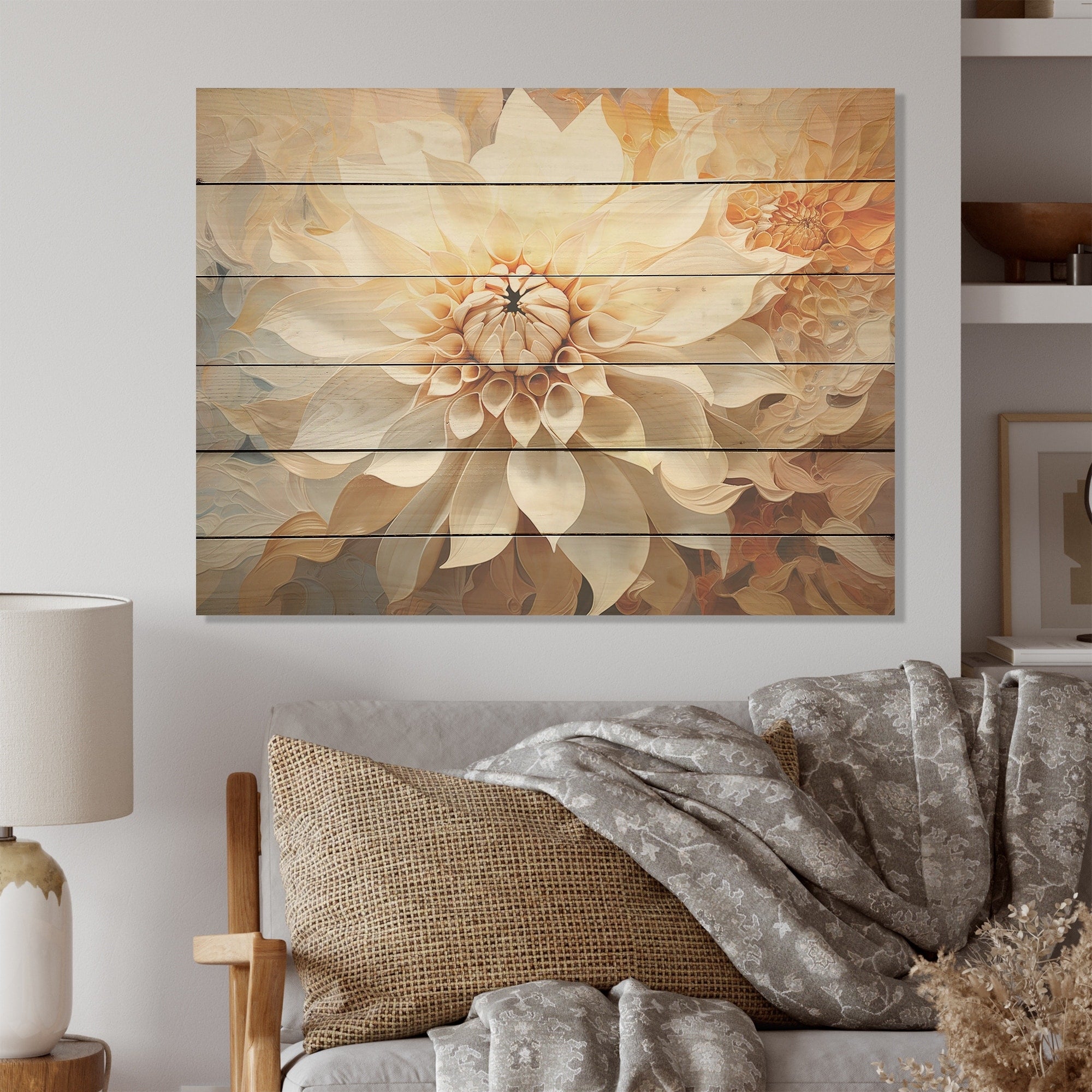 Designart White Dahlia Flower Minimalism Dahlia Wood Wall Decor - Traditional Beige Wood Panel On Natural Pine Wood