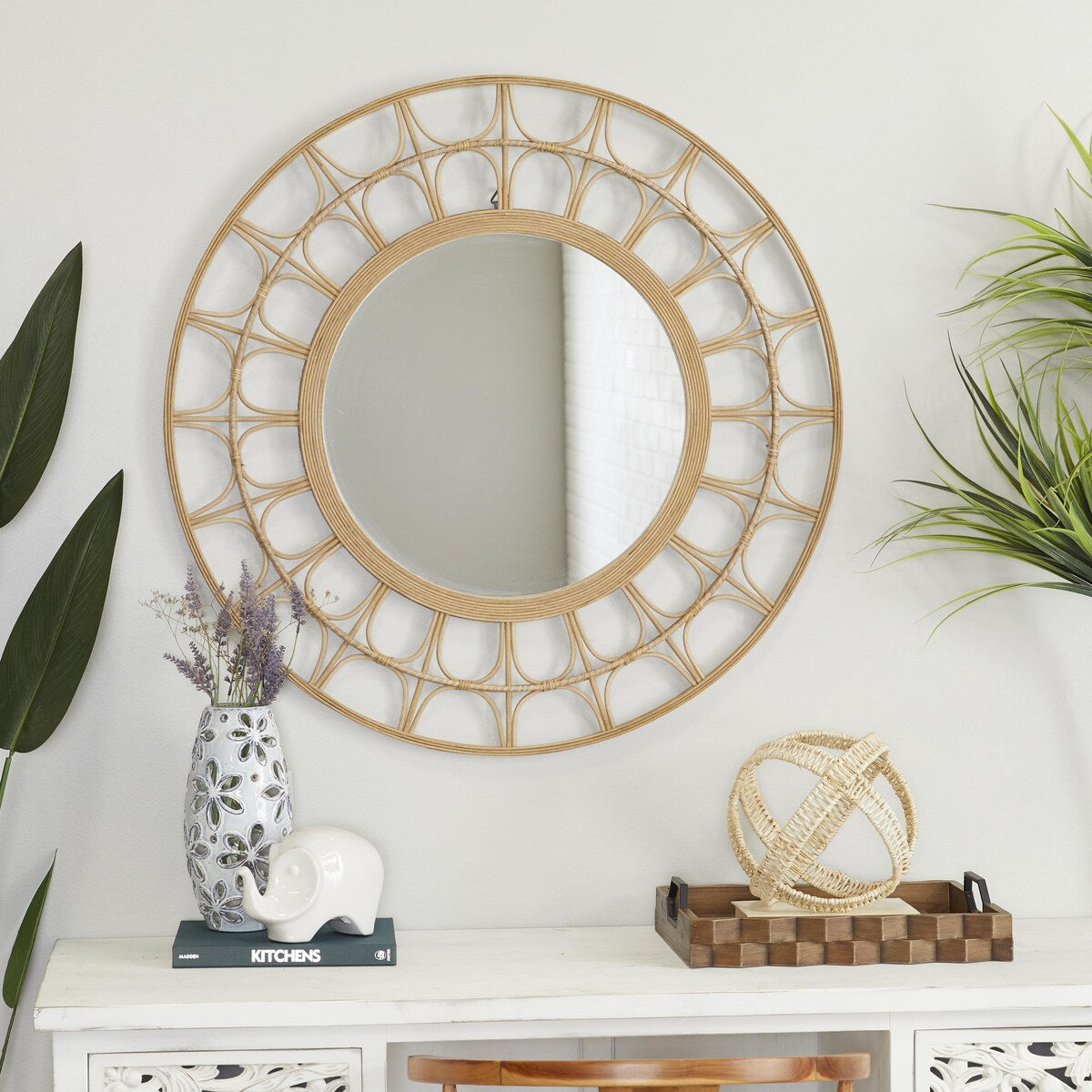 Bamboo Wood Geometric Handmade Woven Room Wall Mirror with Arch Design - Brown - Roche River Decor