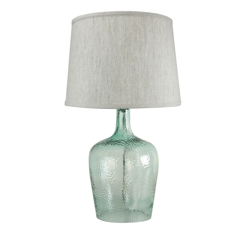 19h Artisanal Hand-Blown Aqua Green Sea Glass Coastal Style Table Lamp with Textured Oatmeal Drum Shade