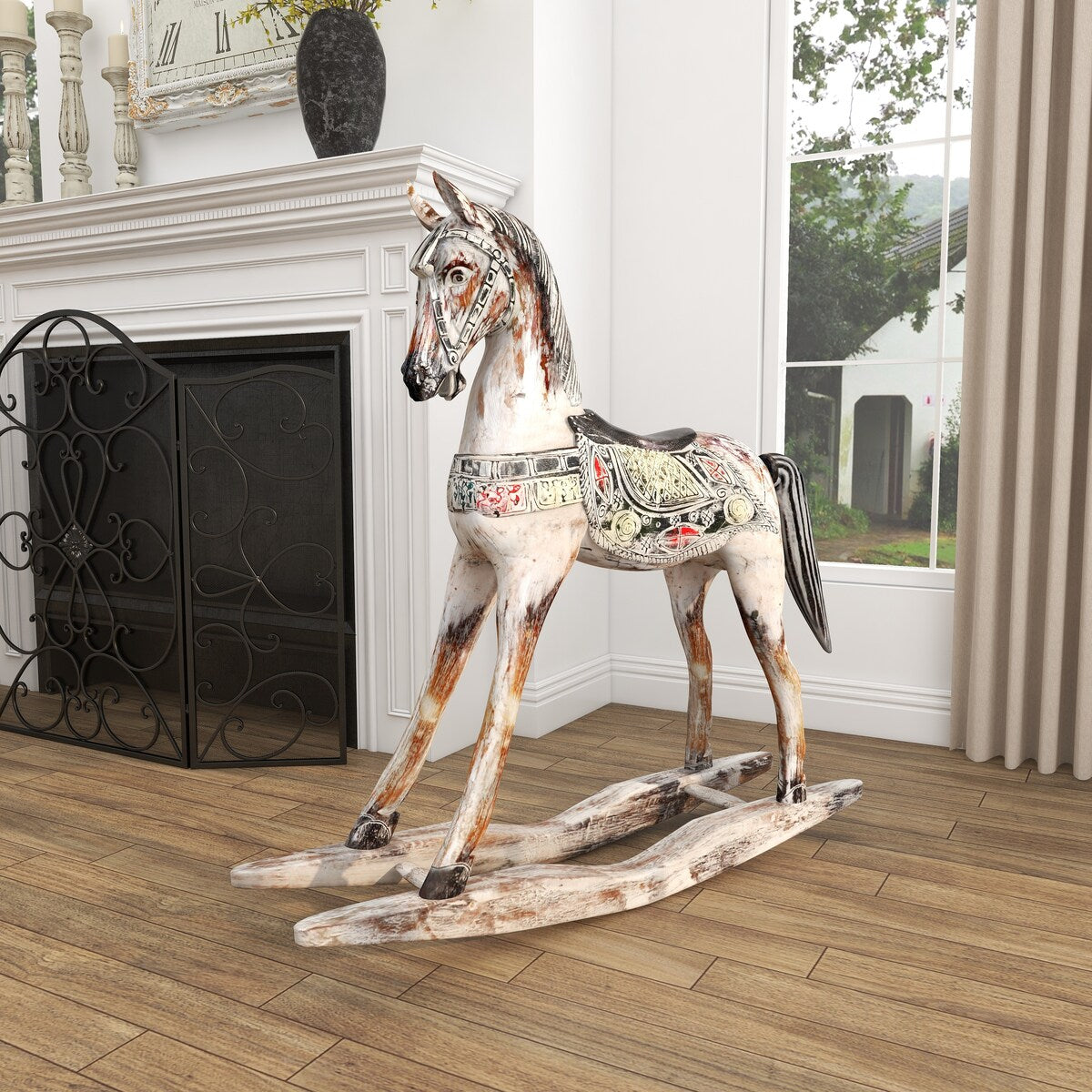 Wood Horse Rocking Decorative Sculpture with Brown Distressing and Colorful Accents - Beige - Roche River Decor