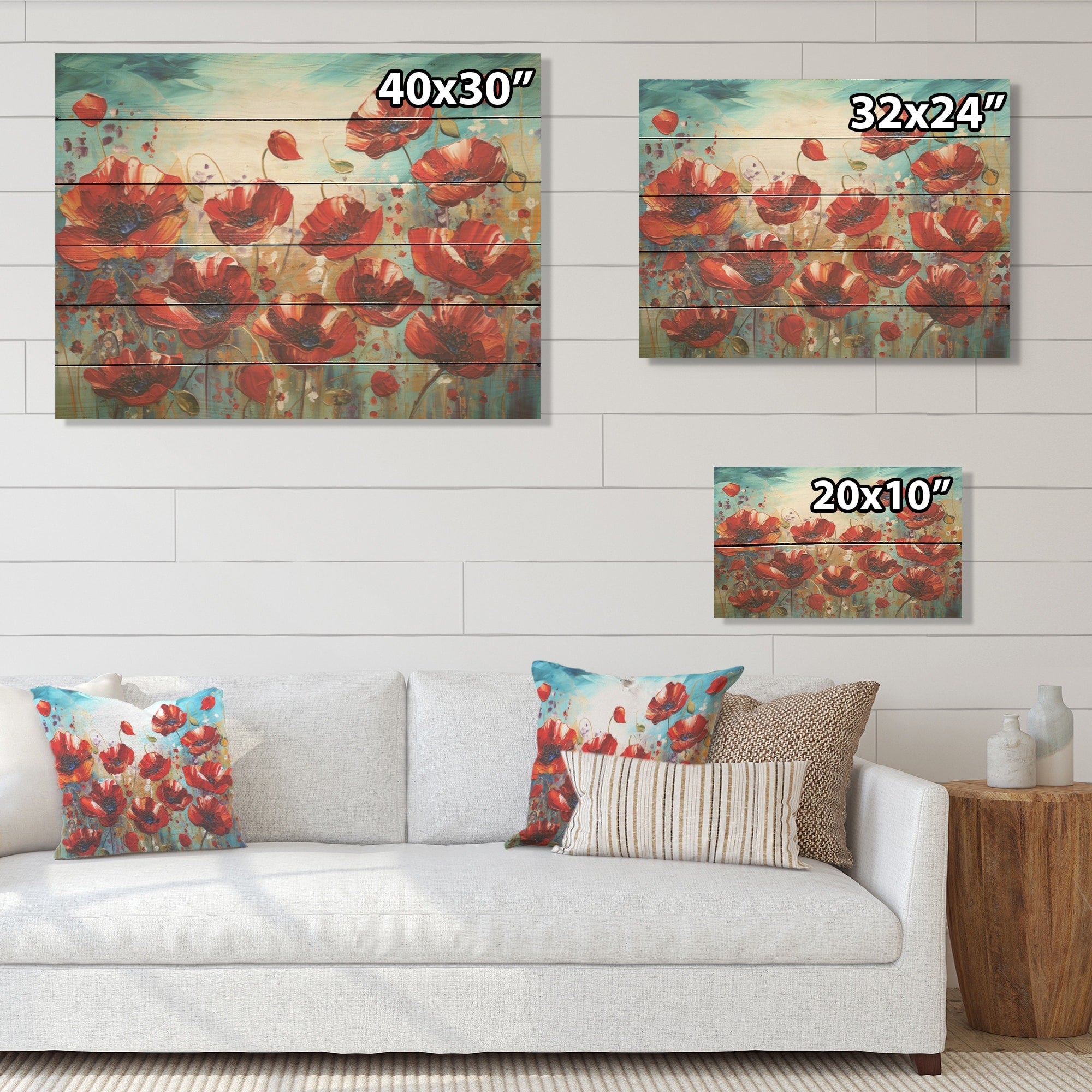 Designart Red Poppies Blossoming Flower Field Wood Wall Decor - Traditional Red Wood Panel On Natural Pine Wood