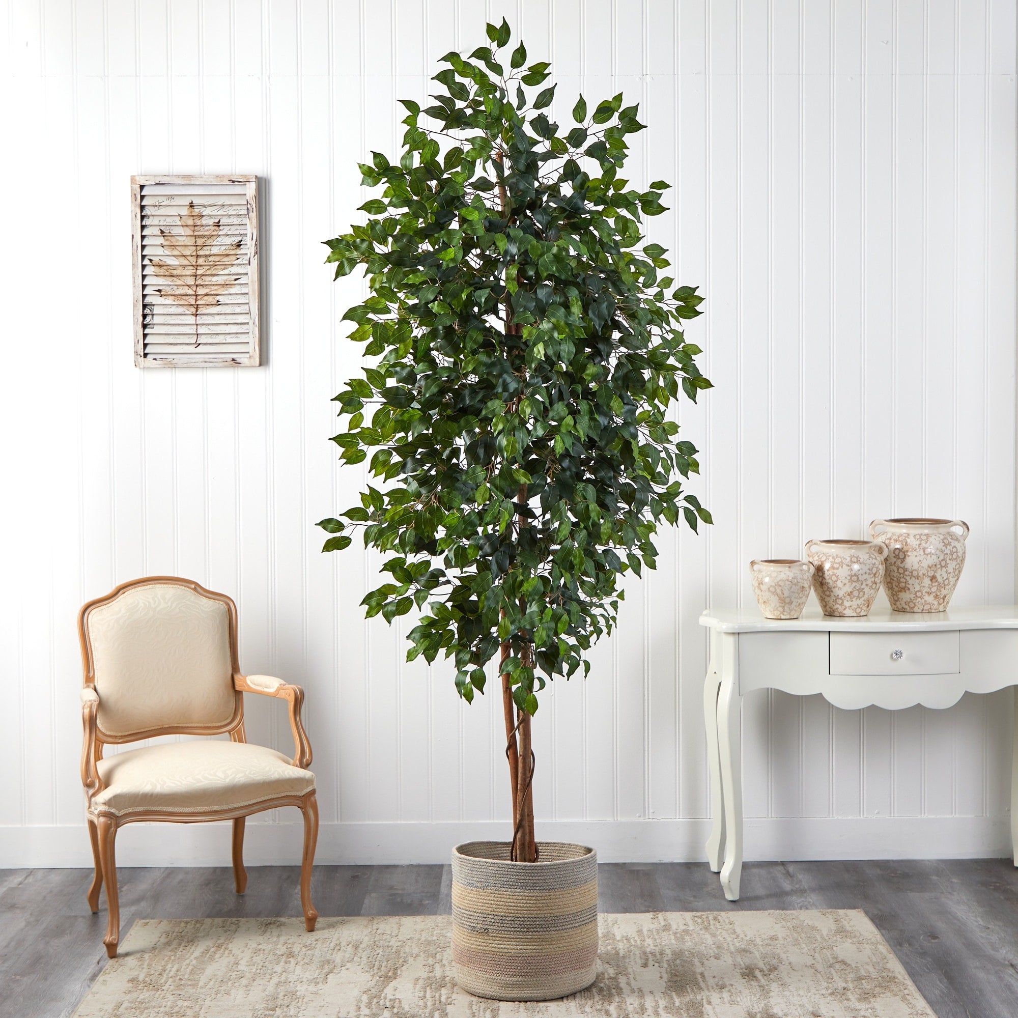 8' Ficus Artificial Tree with Handmade Natural Cotton Multicolored Woven Planter