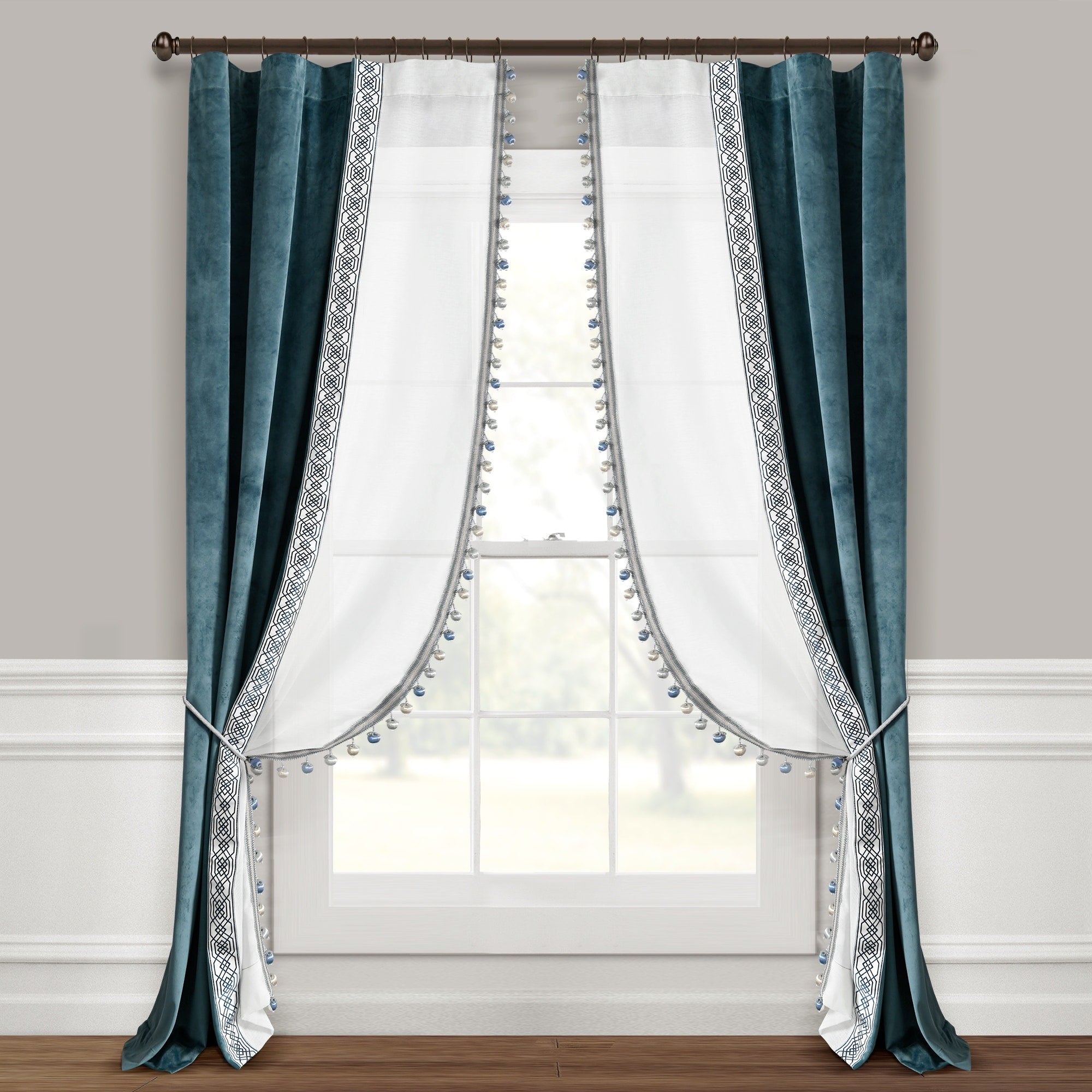 Lush Decor Luxury Vintage Velvet And Sheer With Border Pompom Trim Window Curtain Panel Single