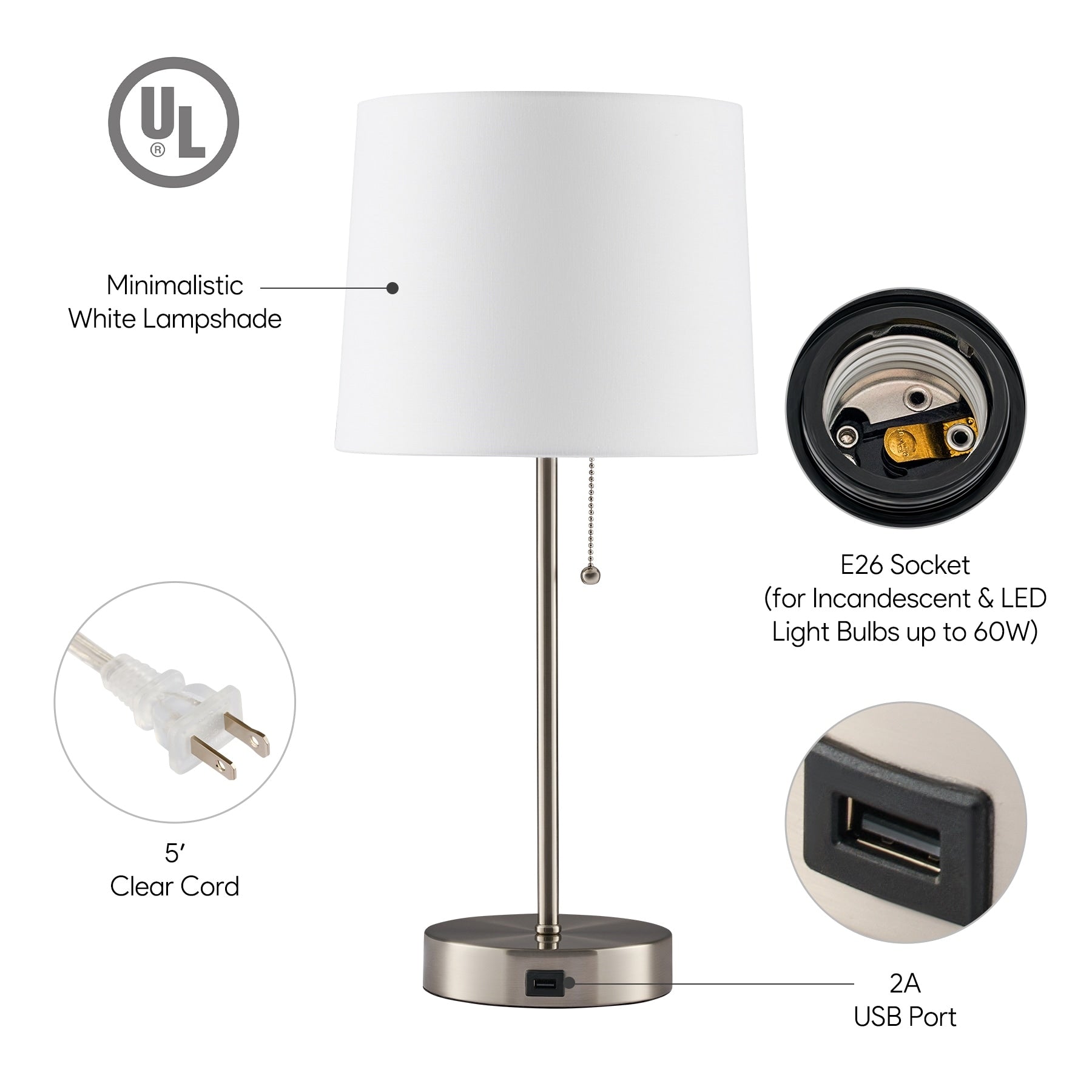 CO-Z Brushed Nickel Table Lamp with USB Set of 2