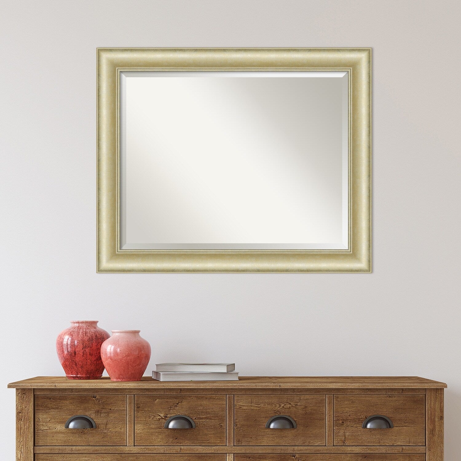 Beveled Bathroom Wall Mirror - Textured Light Gold Frame