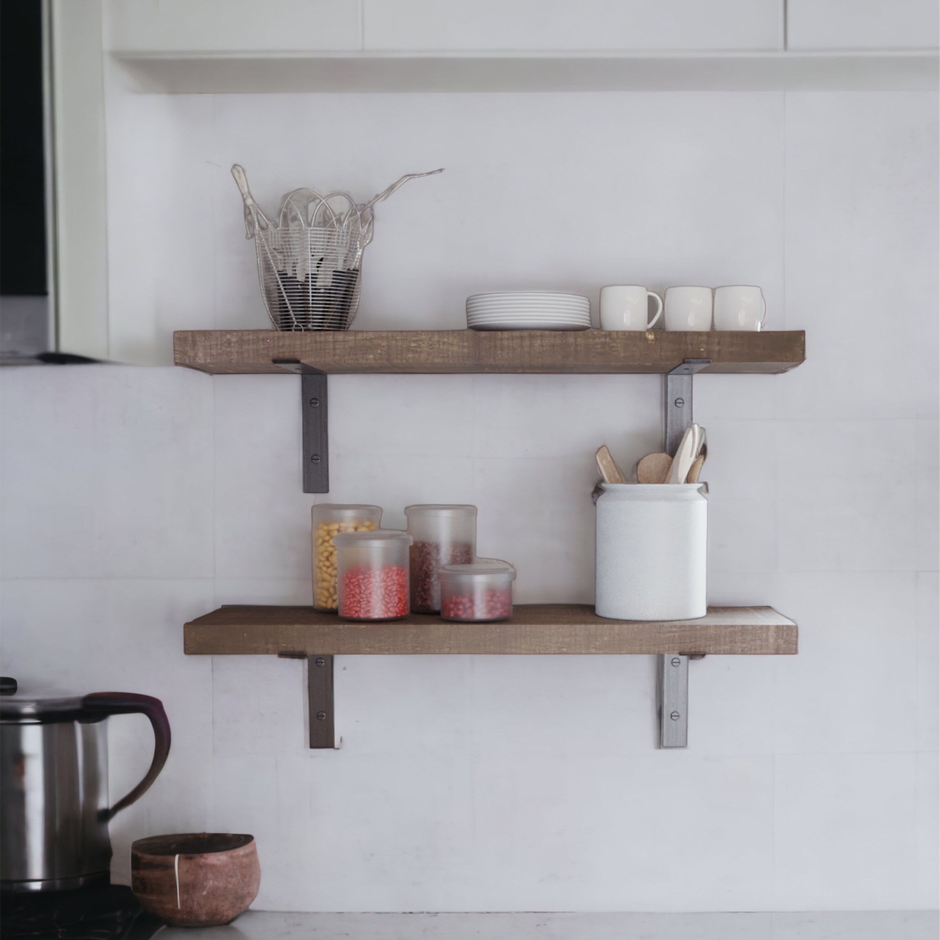 Industrial Pine Wood Heavy Duty Decorative Wall Shelf Set of 2 with Brackets