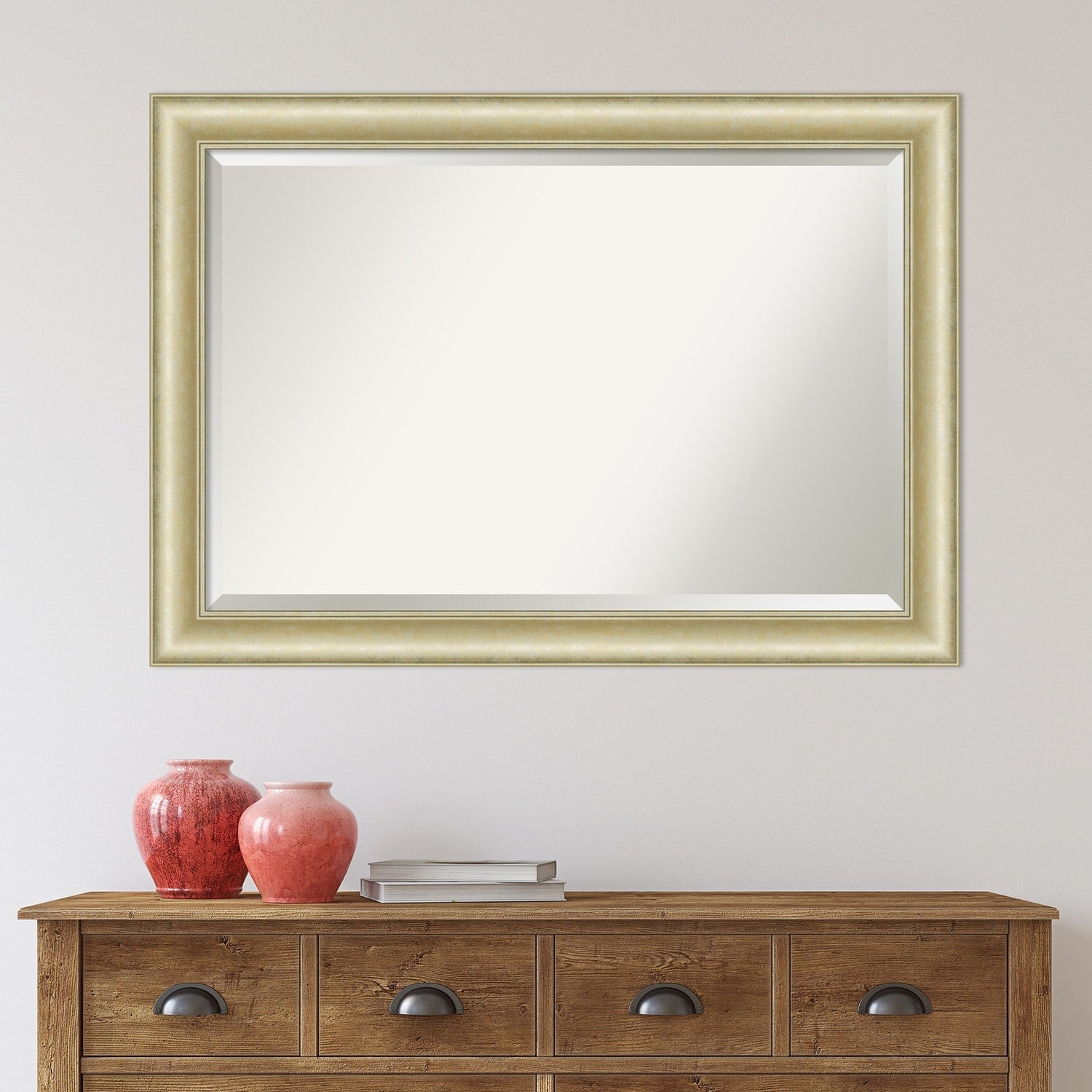 Beveled Bathroom Wall Mirror - Textured Light Gold Frame