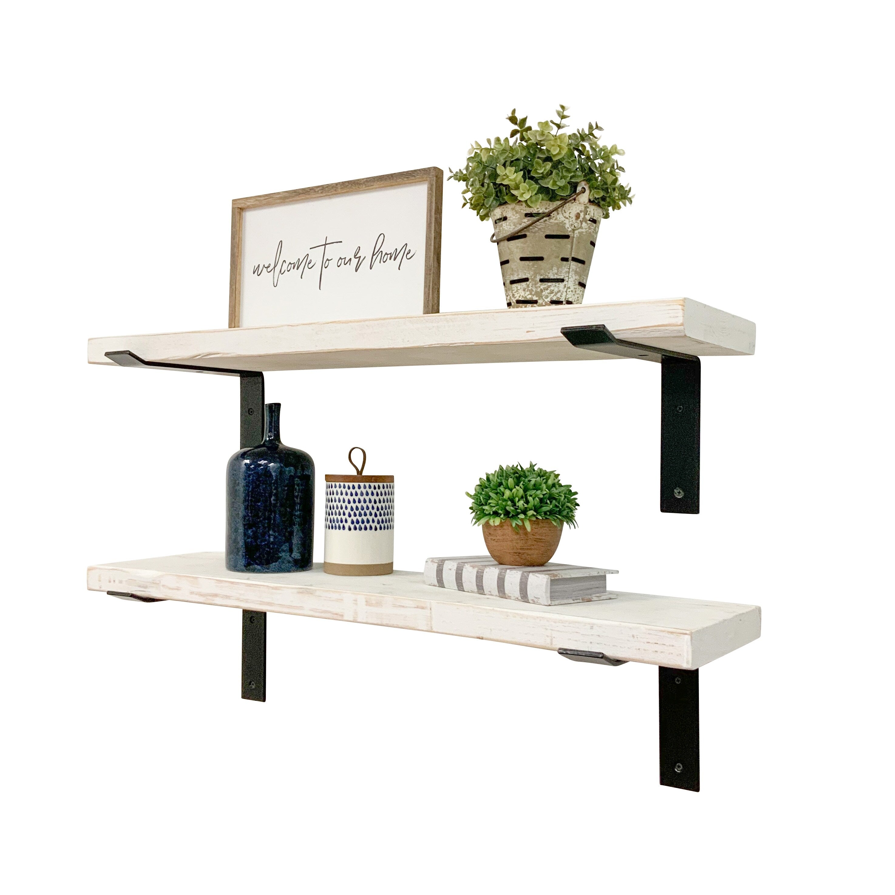 Industrial Pine Wood Heavy Duty Decorative Wall Shelf Set of 2 with Brackets