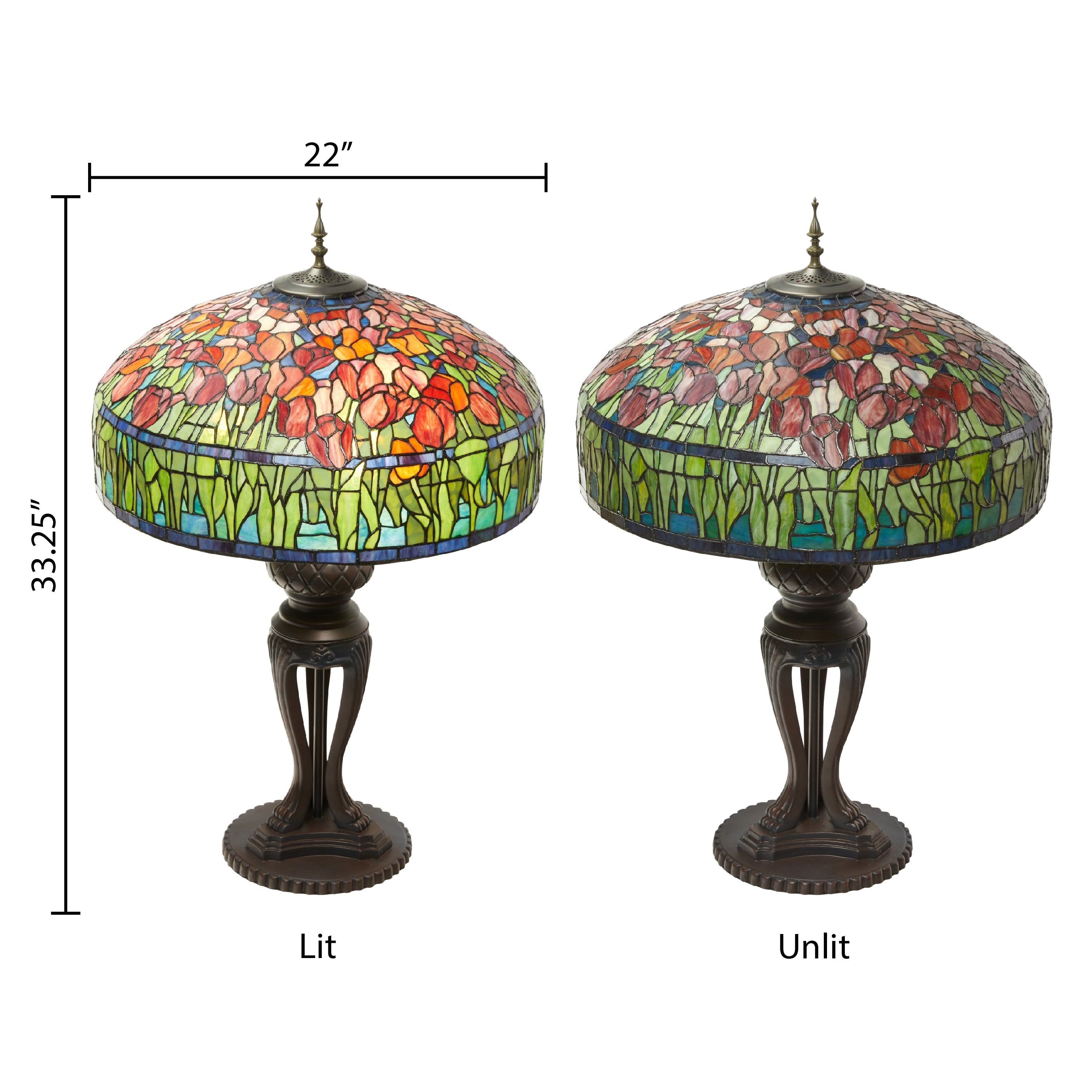 Tulip River of Goods Tiffany-Inspired Red and Green Stained Glass 33.25-Inch Table Lamp - 22 x 22 x 33.25