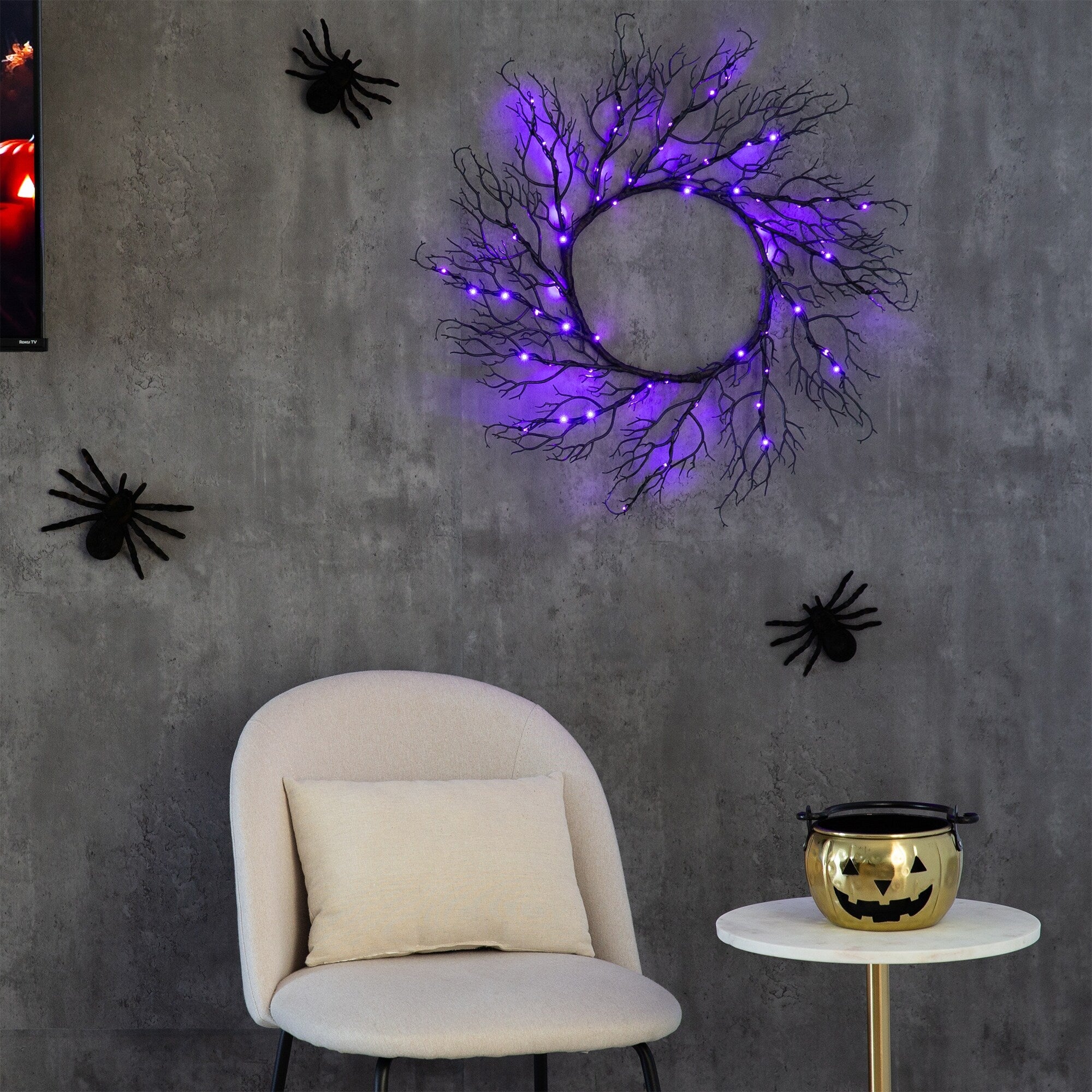 23 Pre-Lit Halloween Fall Wreath with 60 Orange & Purple LED Lights