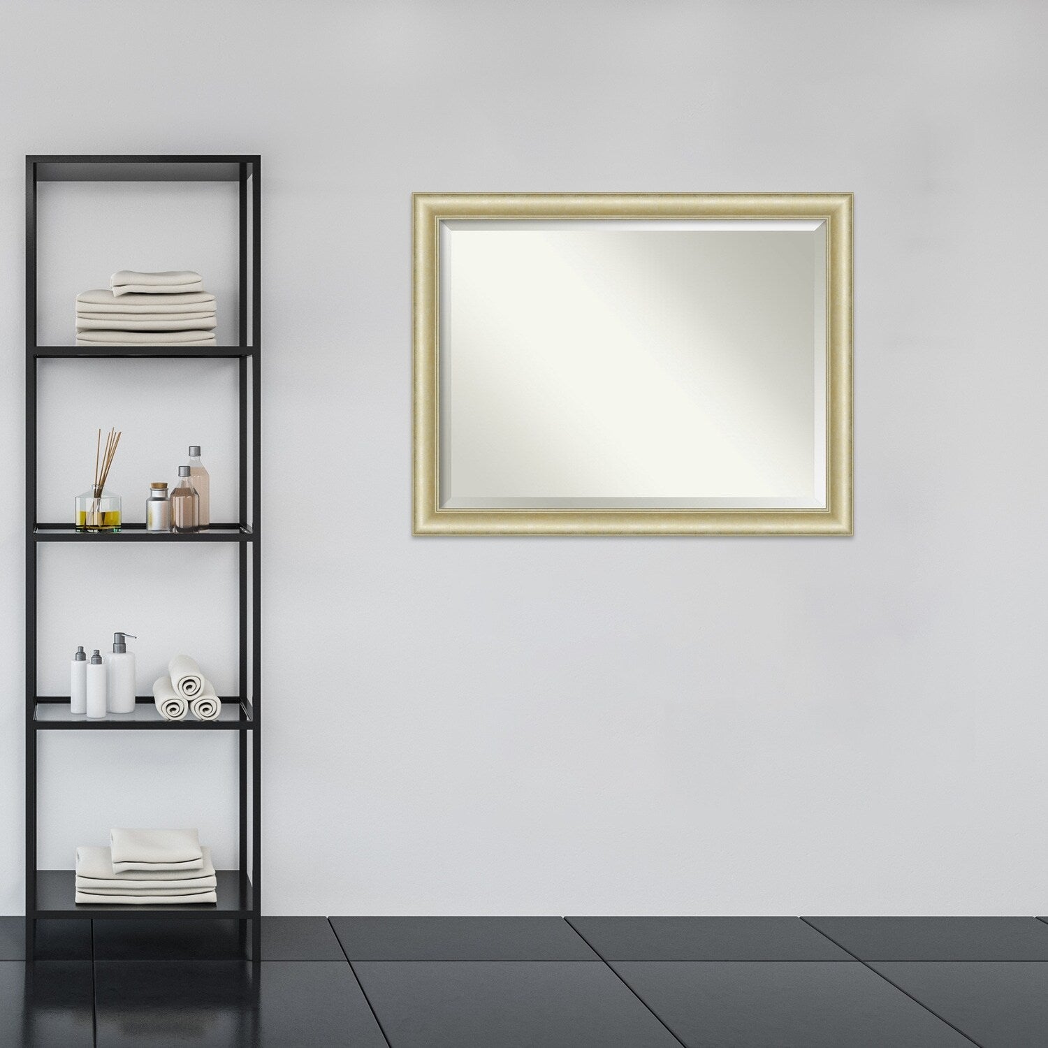 Beveled Bathroom Wall Mirror - Textured Light Gold Frame