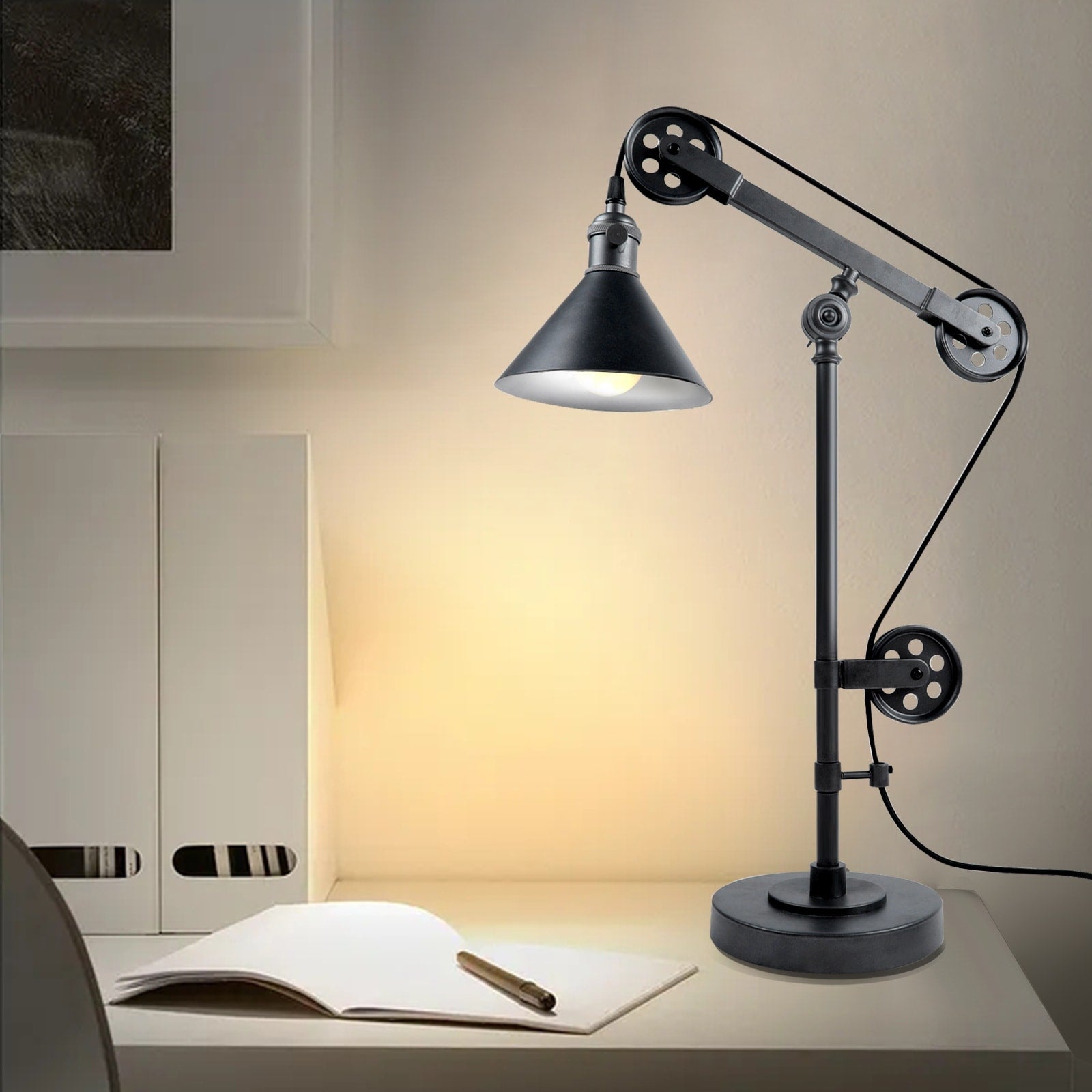 Industrial Table Lamp With Pulley System Adjustable Arm Desk Lamp