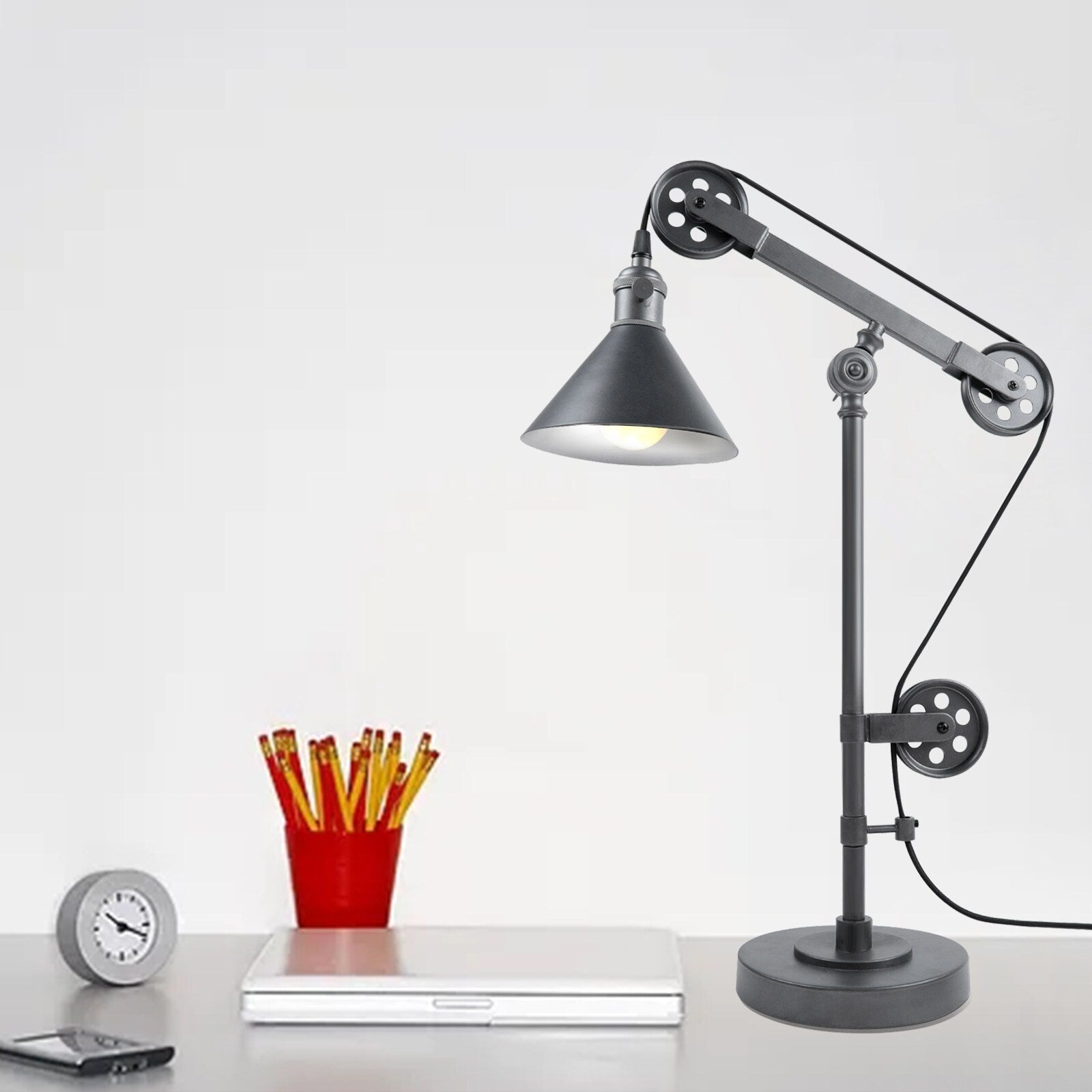 Industrial Table Lamp With Pulley System Adjustable Arm Desk Lamp