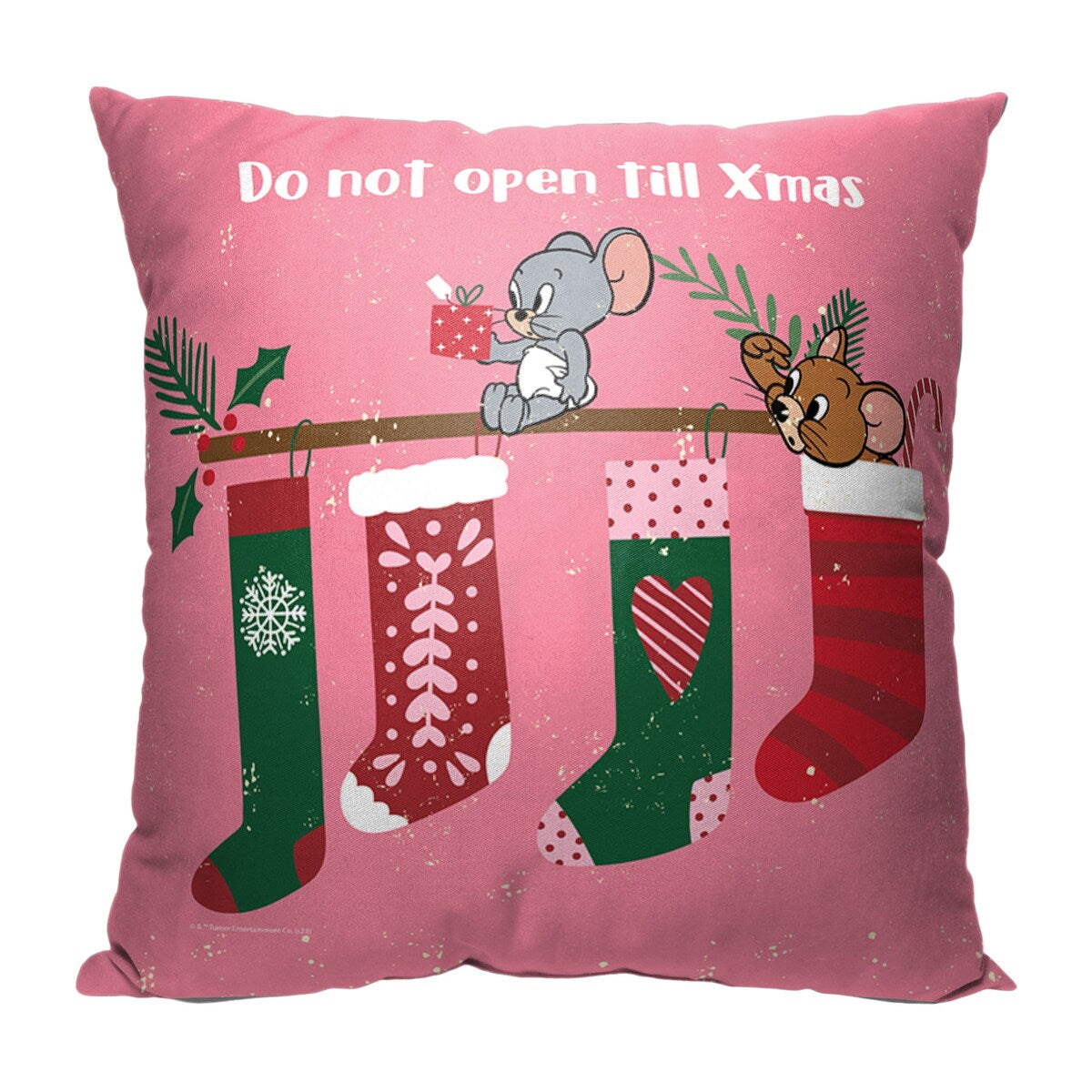 WB Tom and Jerry Don't Open till Xmas Printed Throw Pillow - Pink