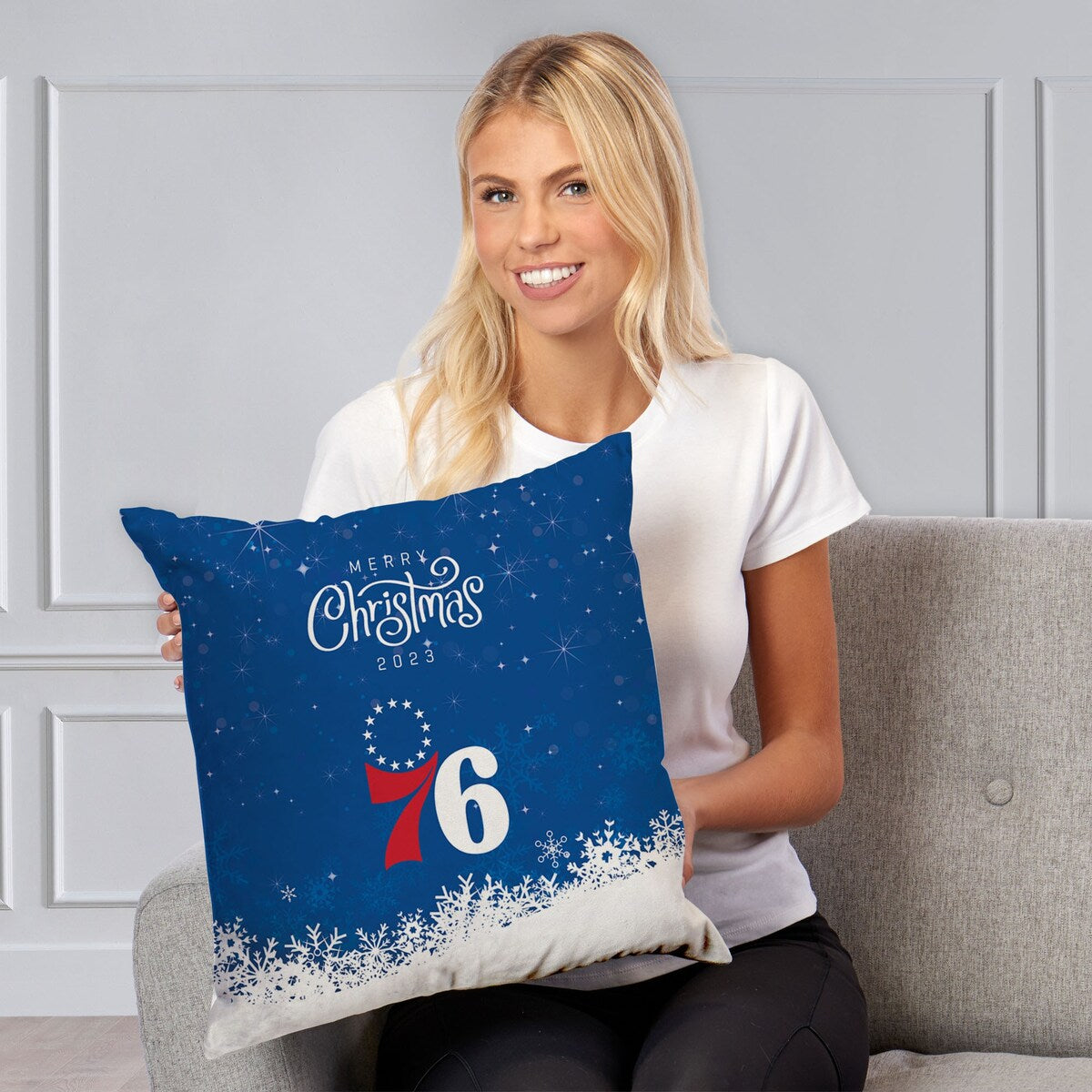 NBA Christmas 2023 76Ers Printed Throw Pillow - Blue