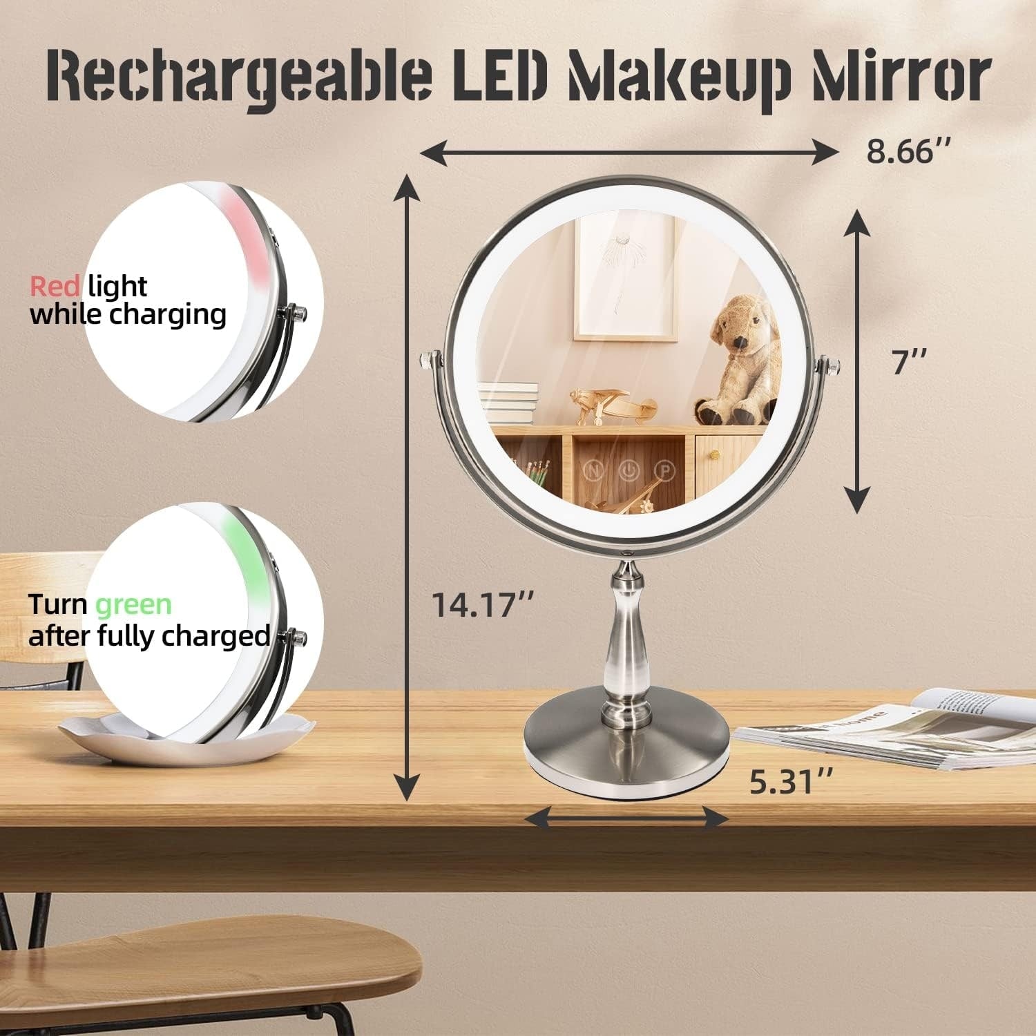 9 Makeup Mirror, 1X/10X Magnifying Mirror with 3 Colors Dimmable Lightning, 360°Rotation Double Sided Desk Mirror