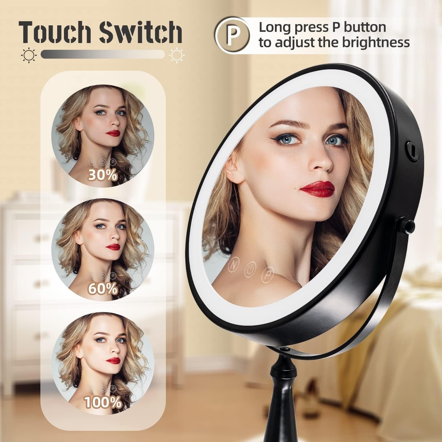 9 Makeup Mirror, 1X/10X Magnifying Mirror with 3 Colors Dimmable Lightning, 360°Rotation Double Sided Desk Mirror