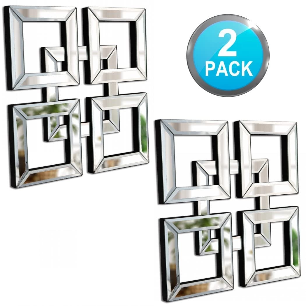 2 Pack Silver Mirrored Square Wall-Mounted Mirrors Modern Glam Accent Decor for Home